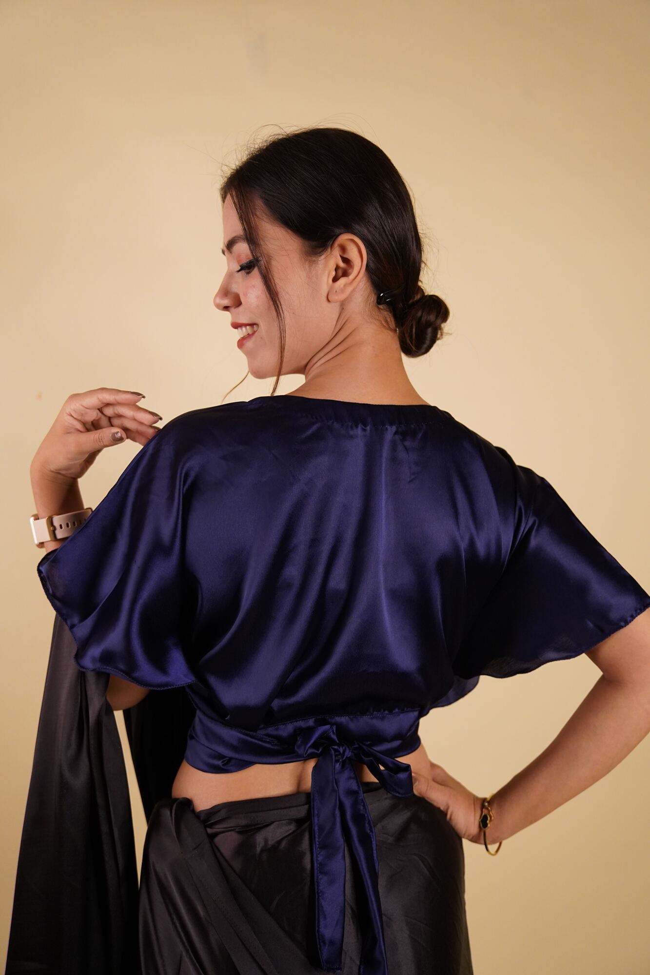 Ready to Wear Bell Sleeves Tying Blouse Cum Top -  Satin