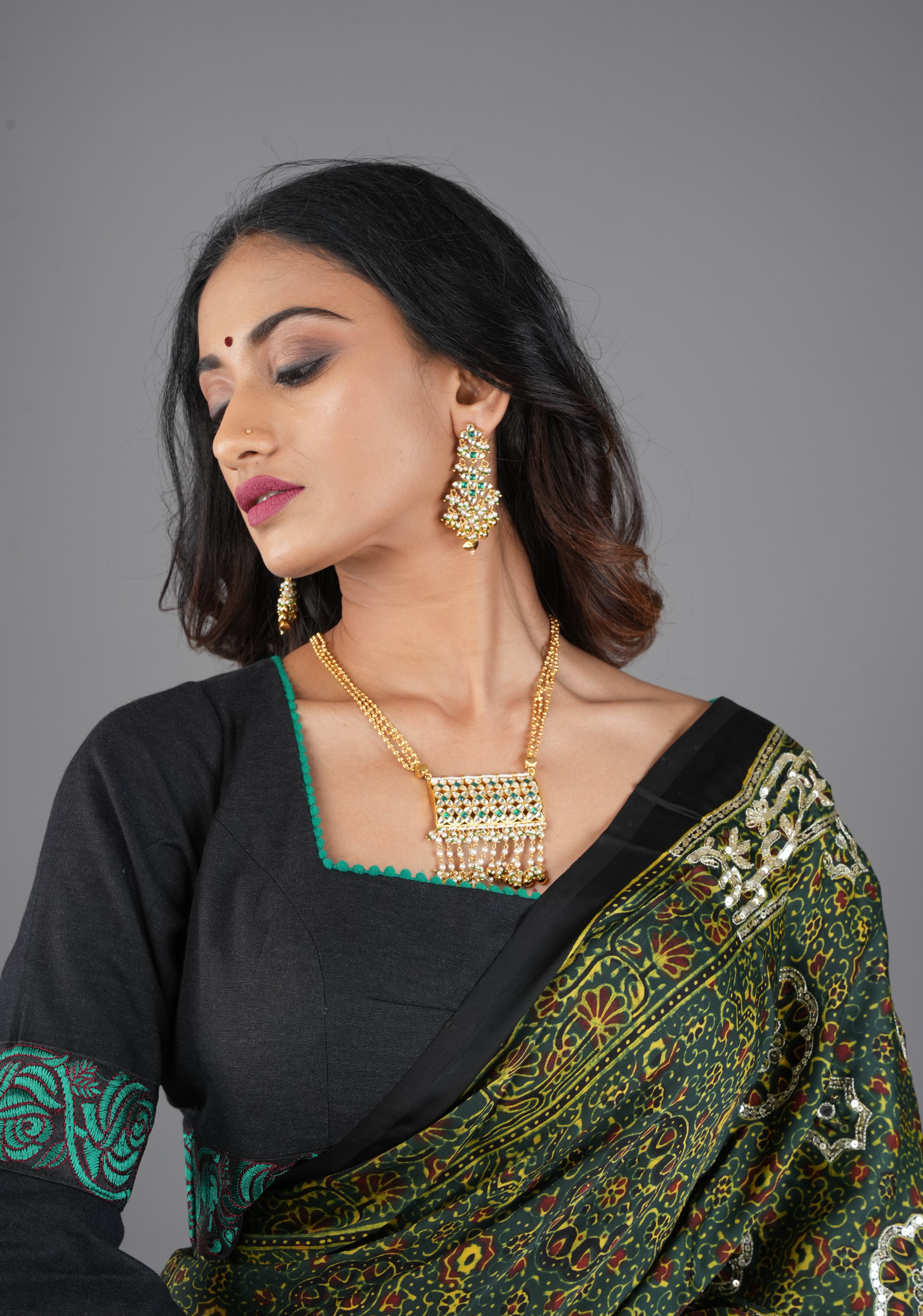 Rajwadi Rectangular Jadau Pendant with 3 strand necklace and dangling earrings, Microplated