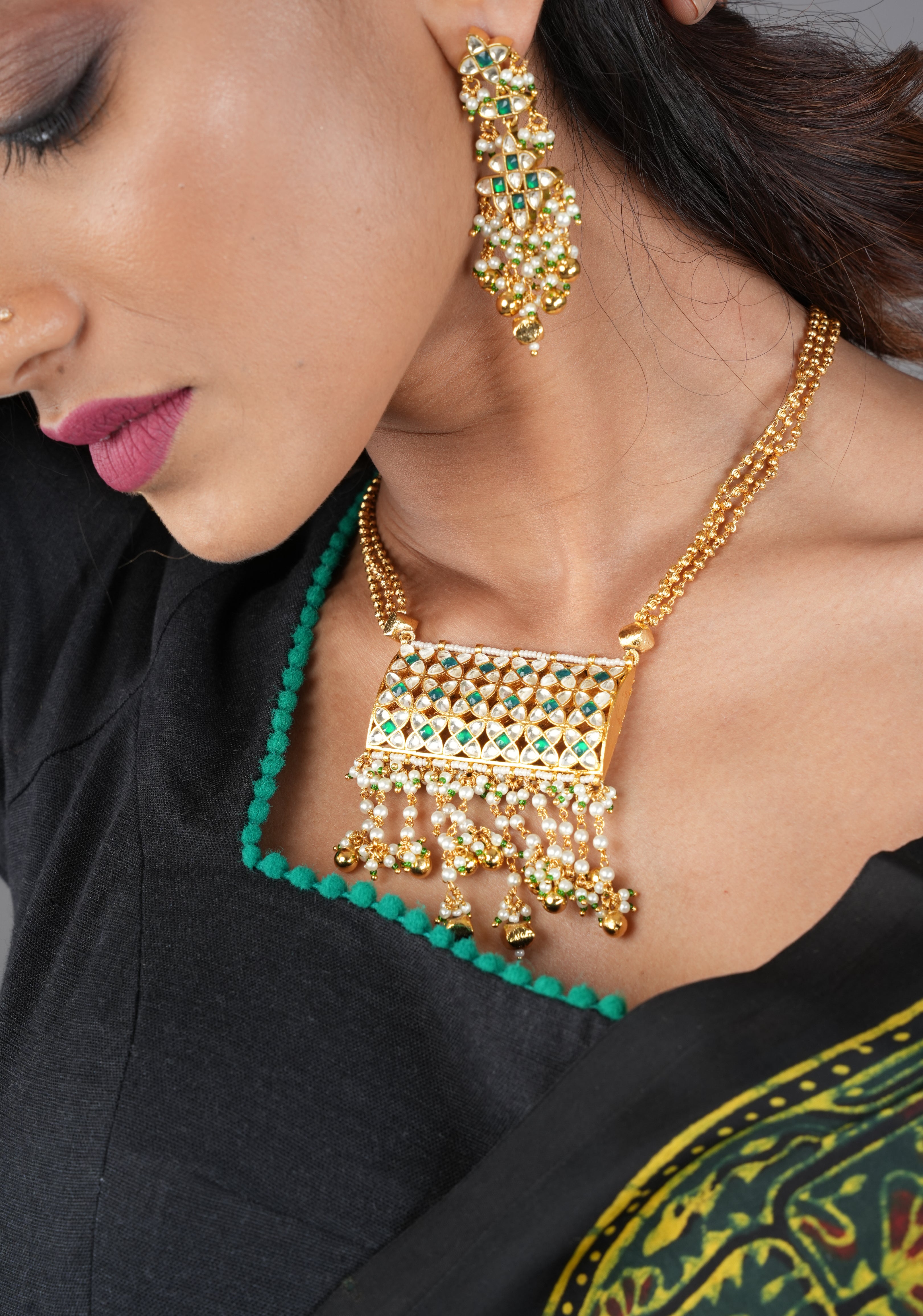 Rajwadi Rectangular Jadau Pendant with 3 strand necklace and dangling earrings, Microplated