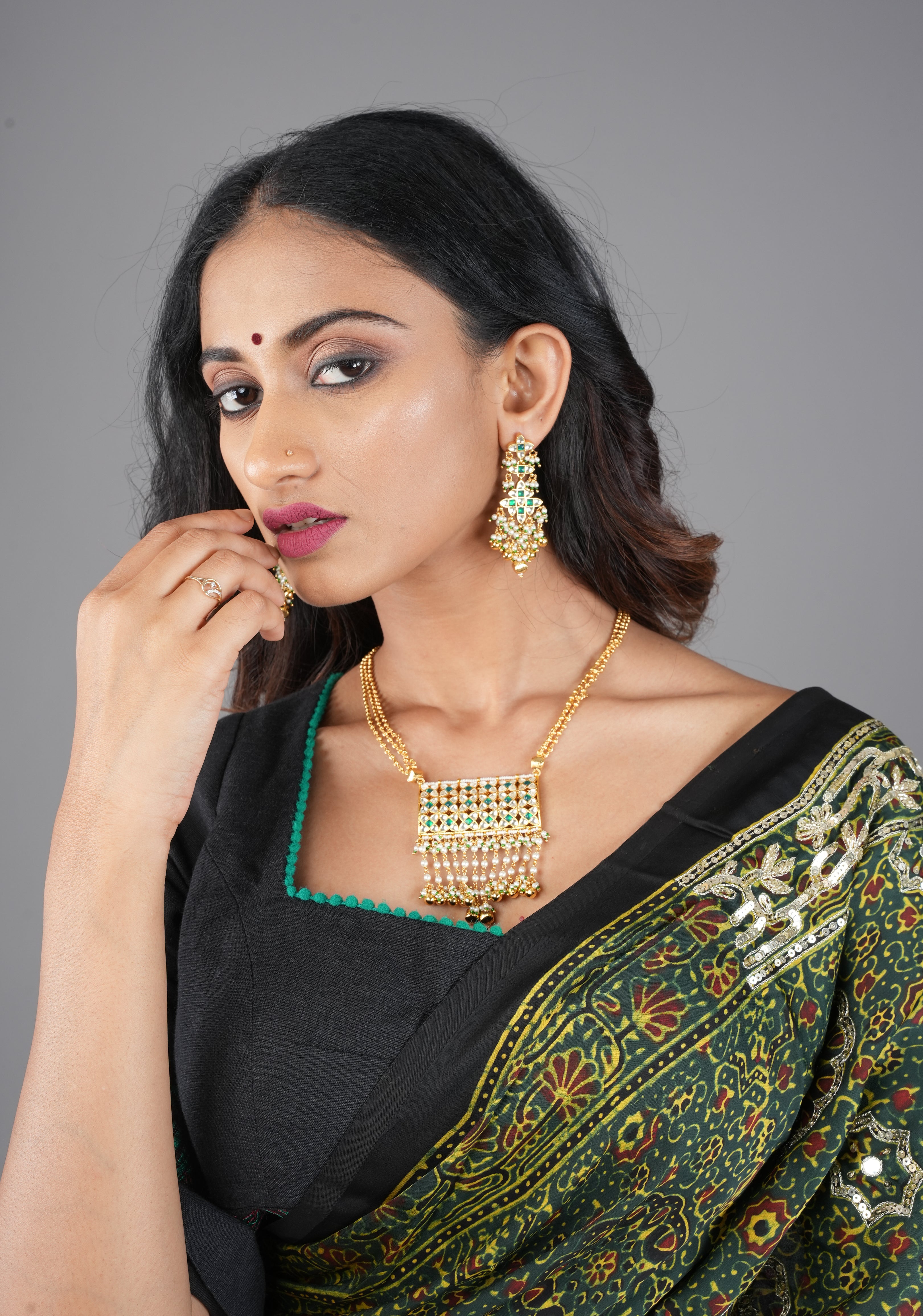 Rajwadi Rectangular Jadau Pendant with 3 strand necklace and dangling earrings, Microplated