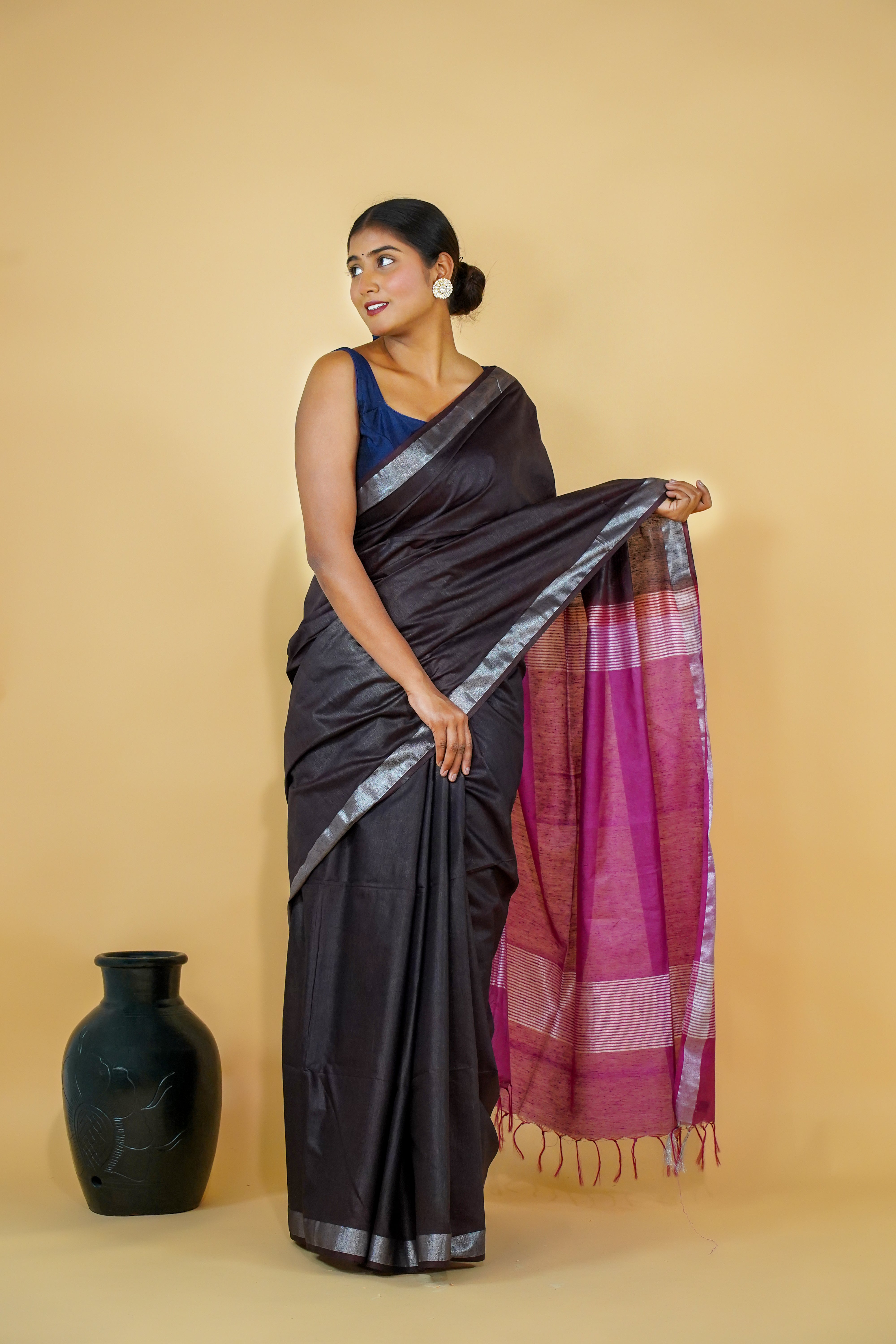 Black Linen Saree with Purple Pallu and thin Silver Zari Border