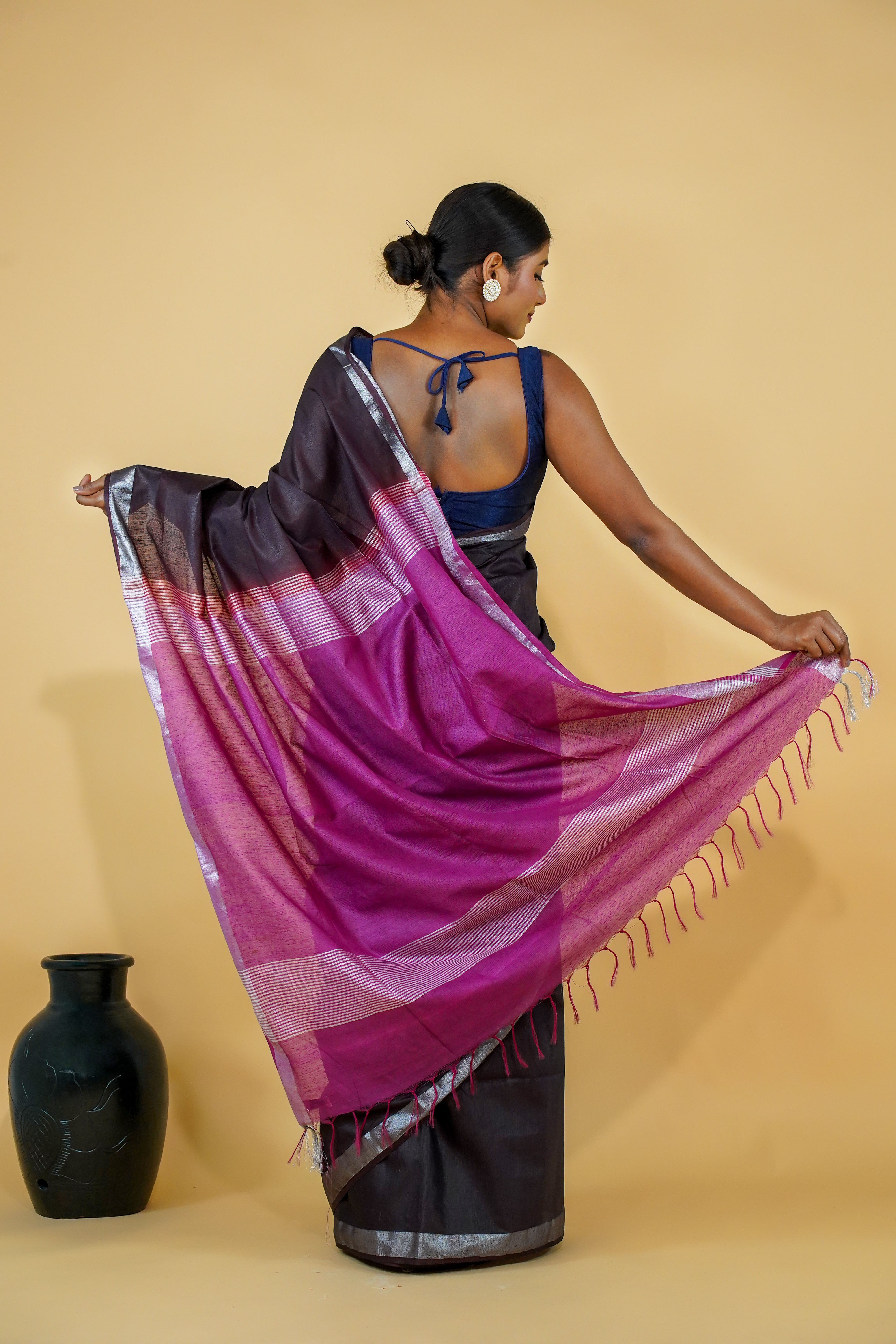 Black Linen Saree with Purple Pallu and thin Silver Zari Border