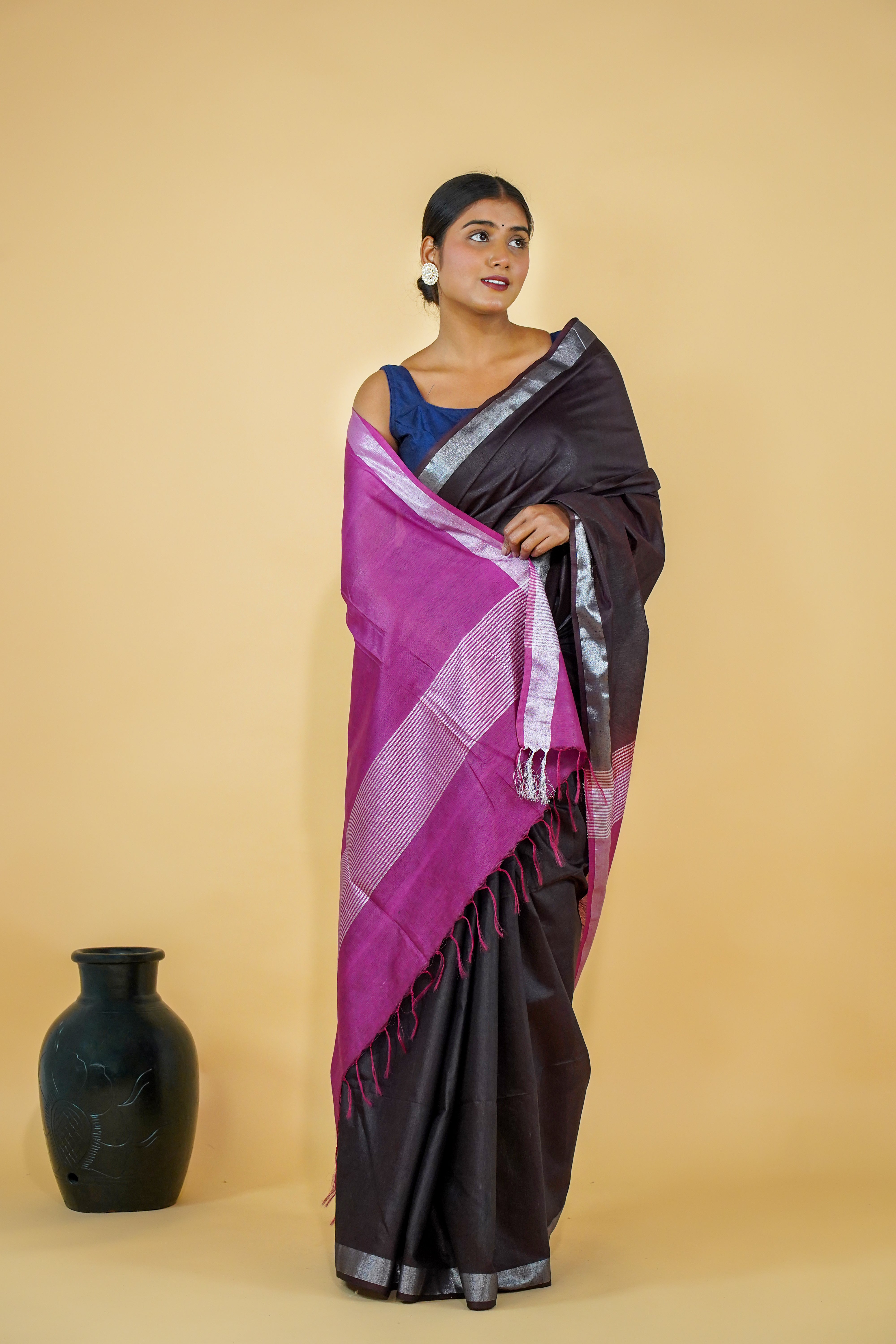 Black Linen Saree with Purple Pallu and thin Silver Zari Border