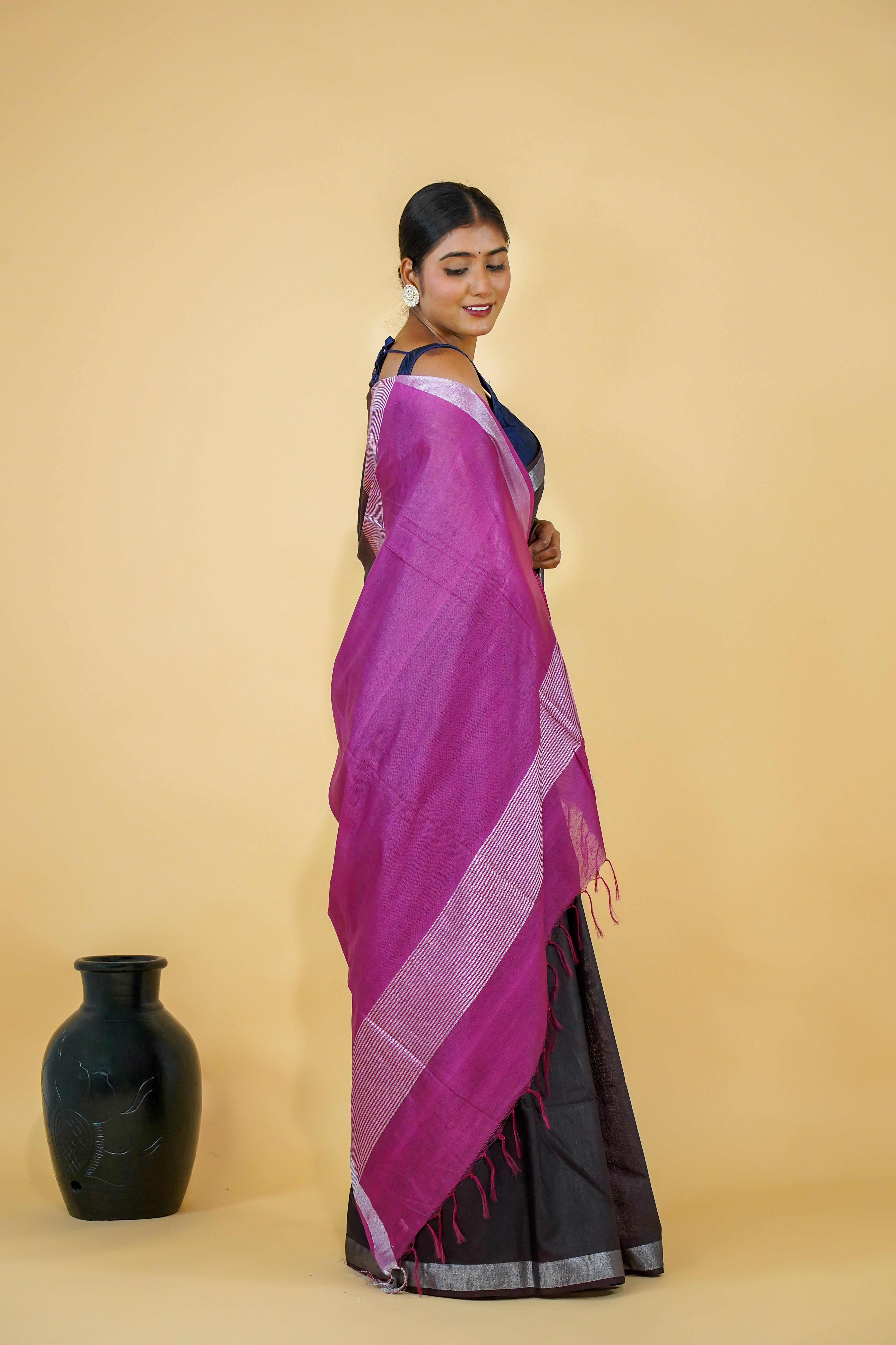 Black Linen Saree with Purple Pallu and thin Silver Zari Border