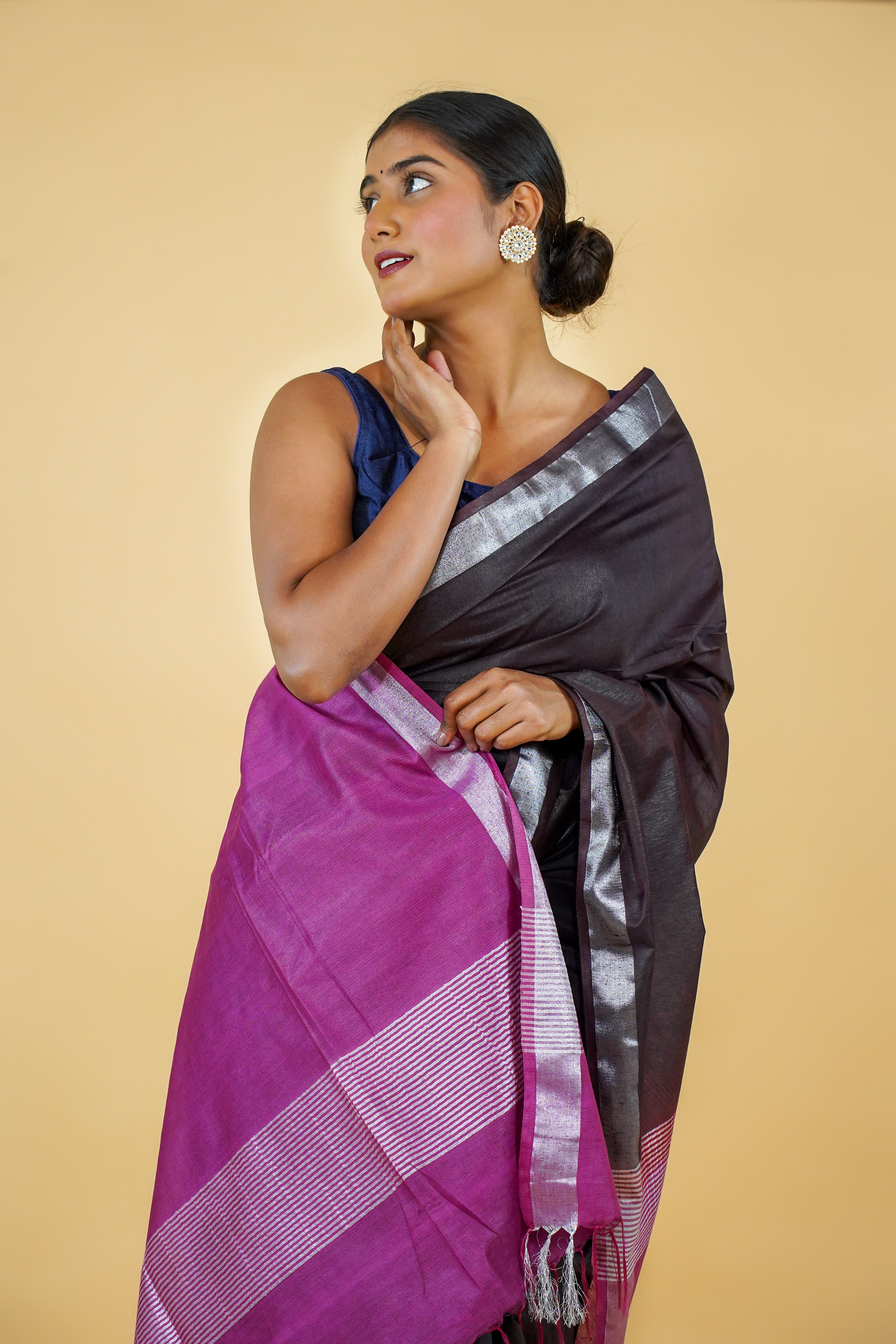 Black Linen Saree with Purple Pallu and thin Silver Zari Border