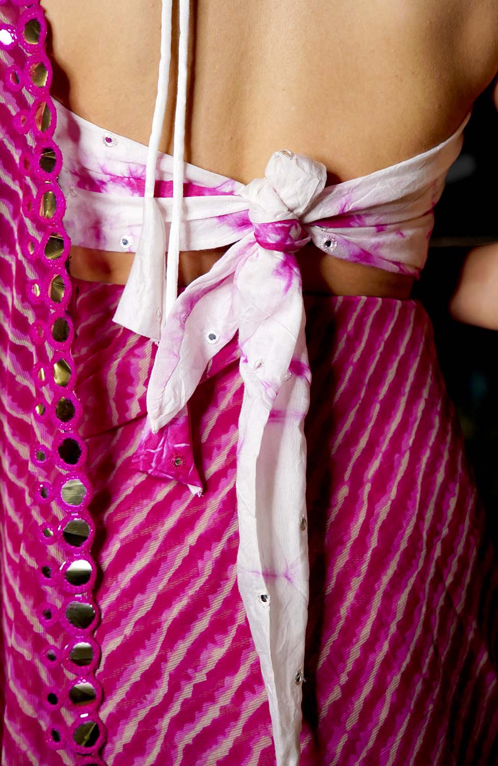 Pink Shibori With Mirror embellished Halter Strap  and Stylish Back Design Blouse