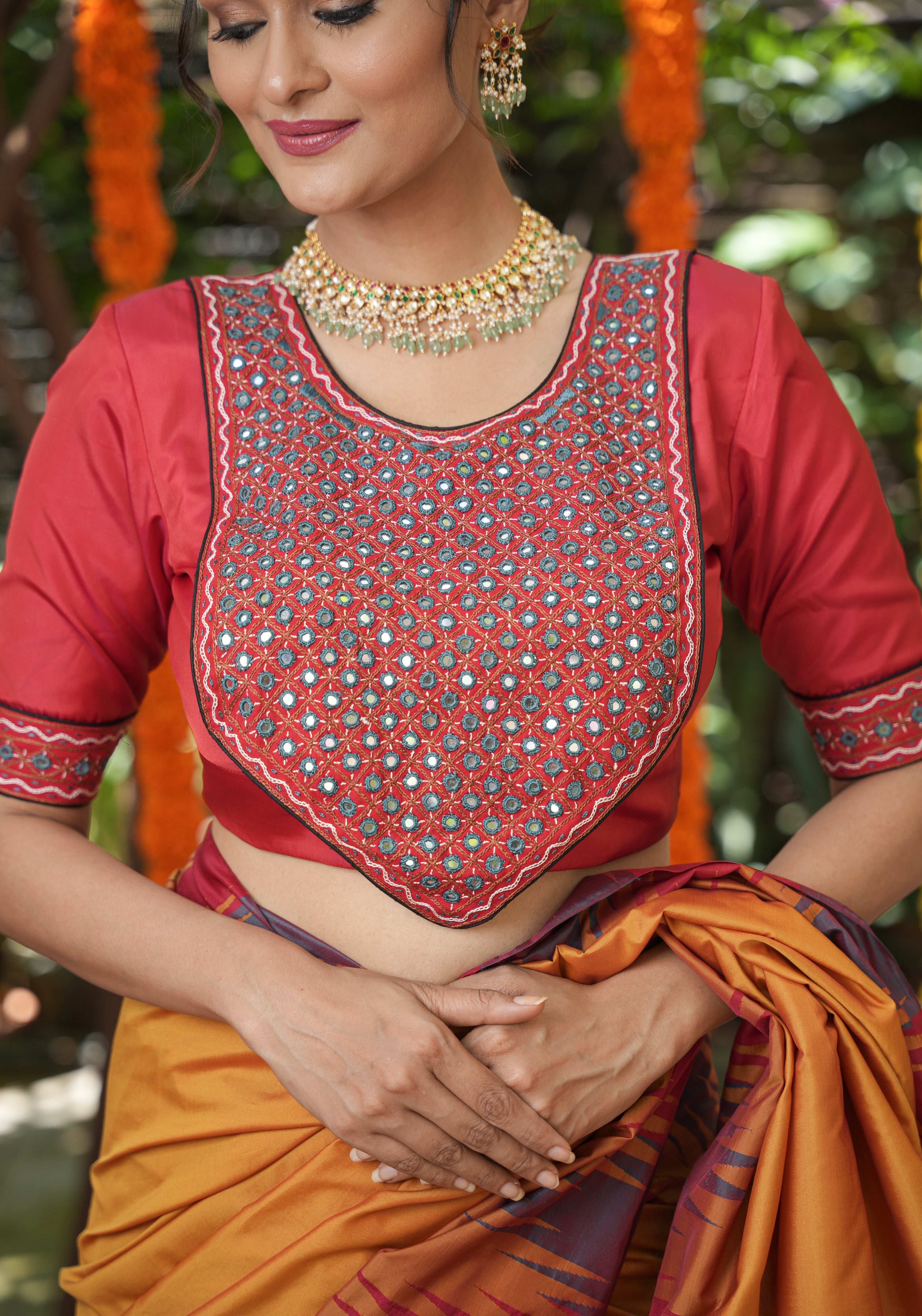 Made To Order:Kutch Embroidery Mirrorwork Loose Yoke Banjaran Blouse in red and Blue