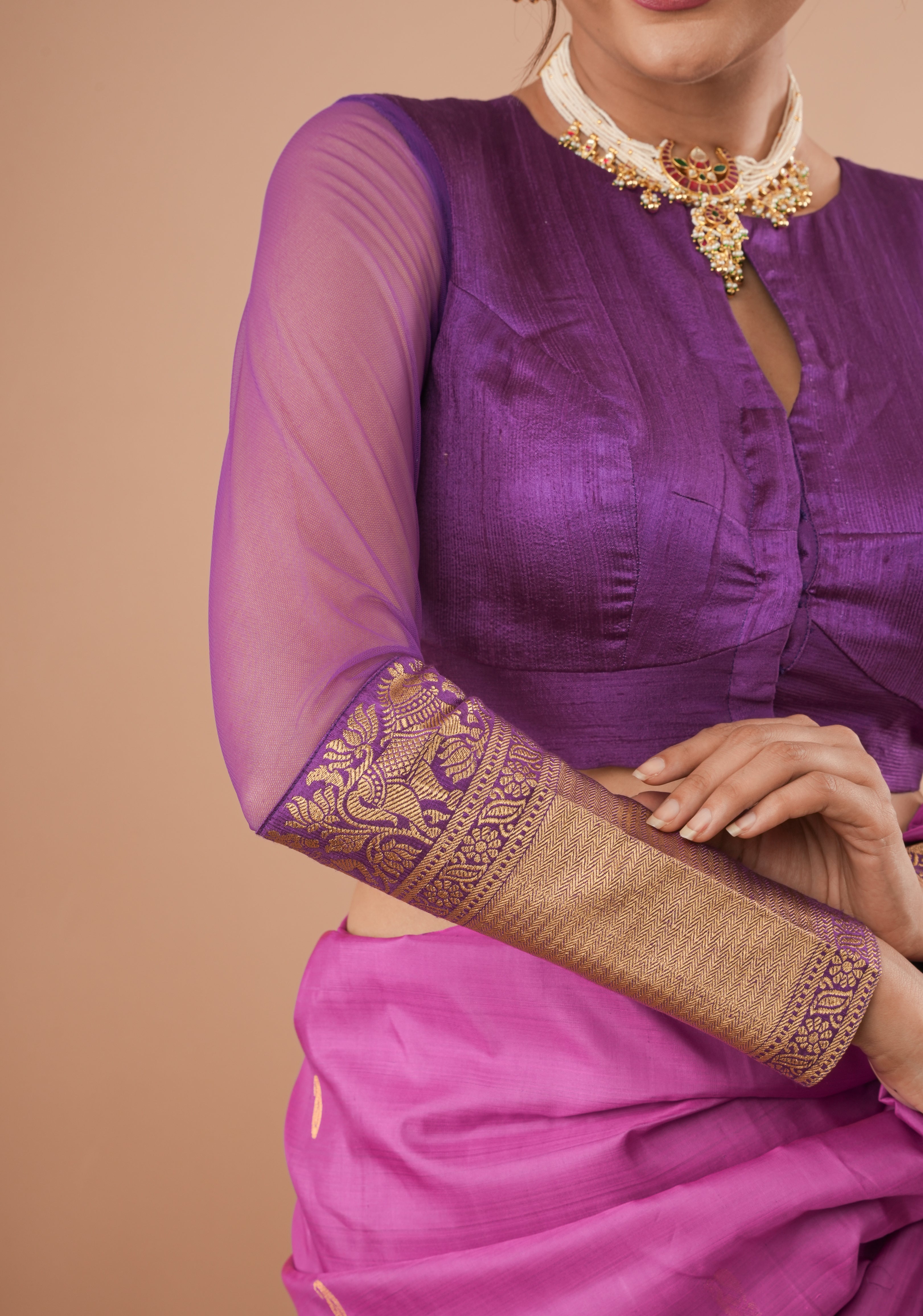 Purple Pure Raw Silk Blouse With Net Detailing And Vanasingaram Zari Border, Made to Order