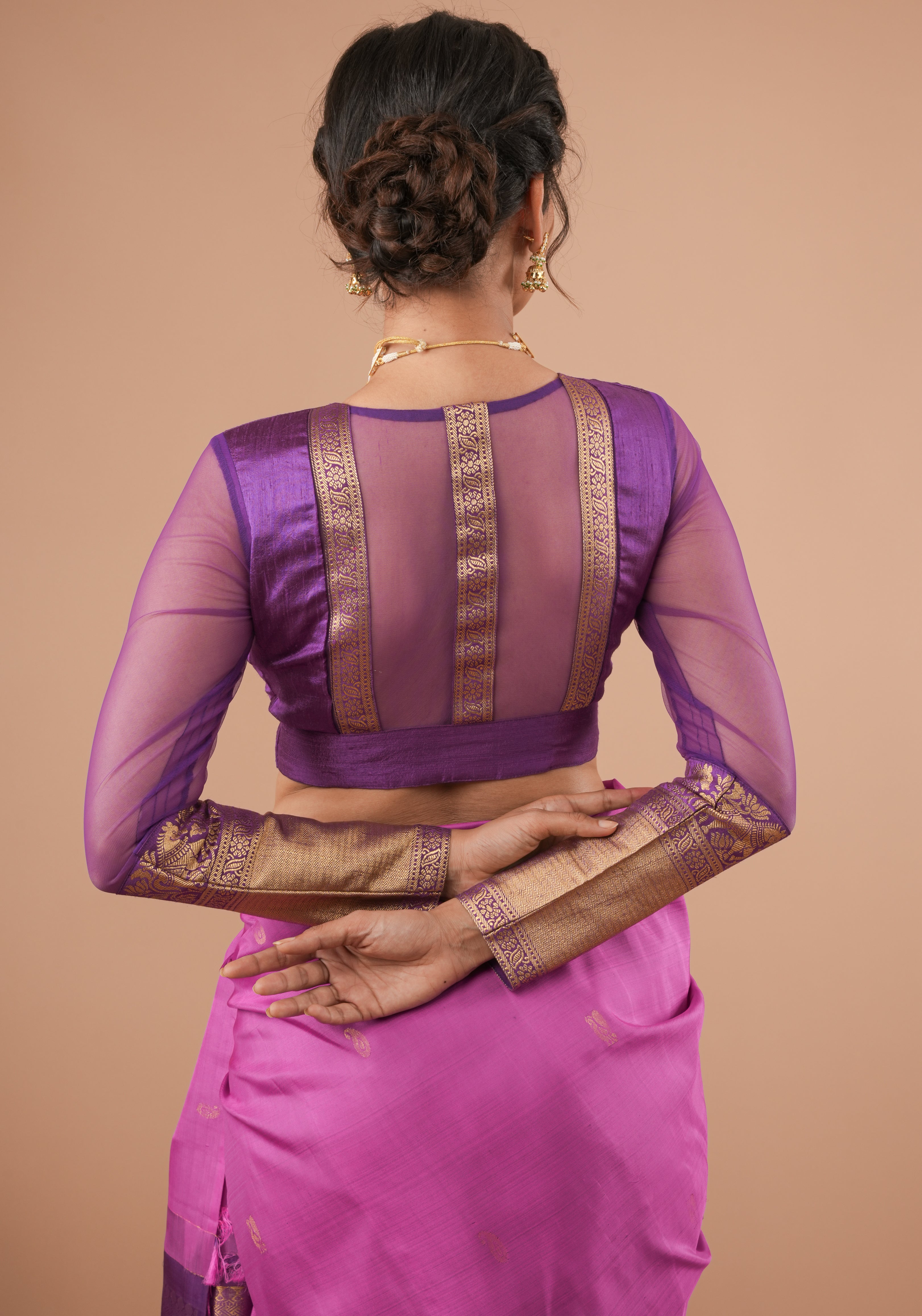 Purple Pure Raw Silk Blouse With Net Detailing And Vanasingaram Zari Border, Made to Order