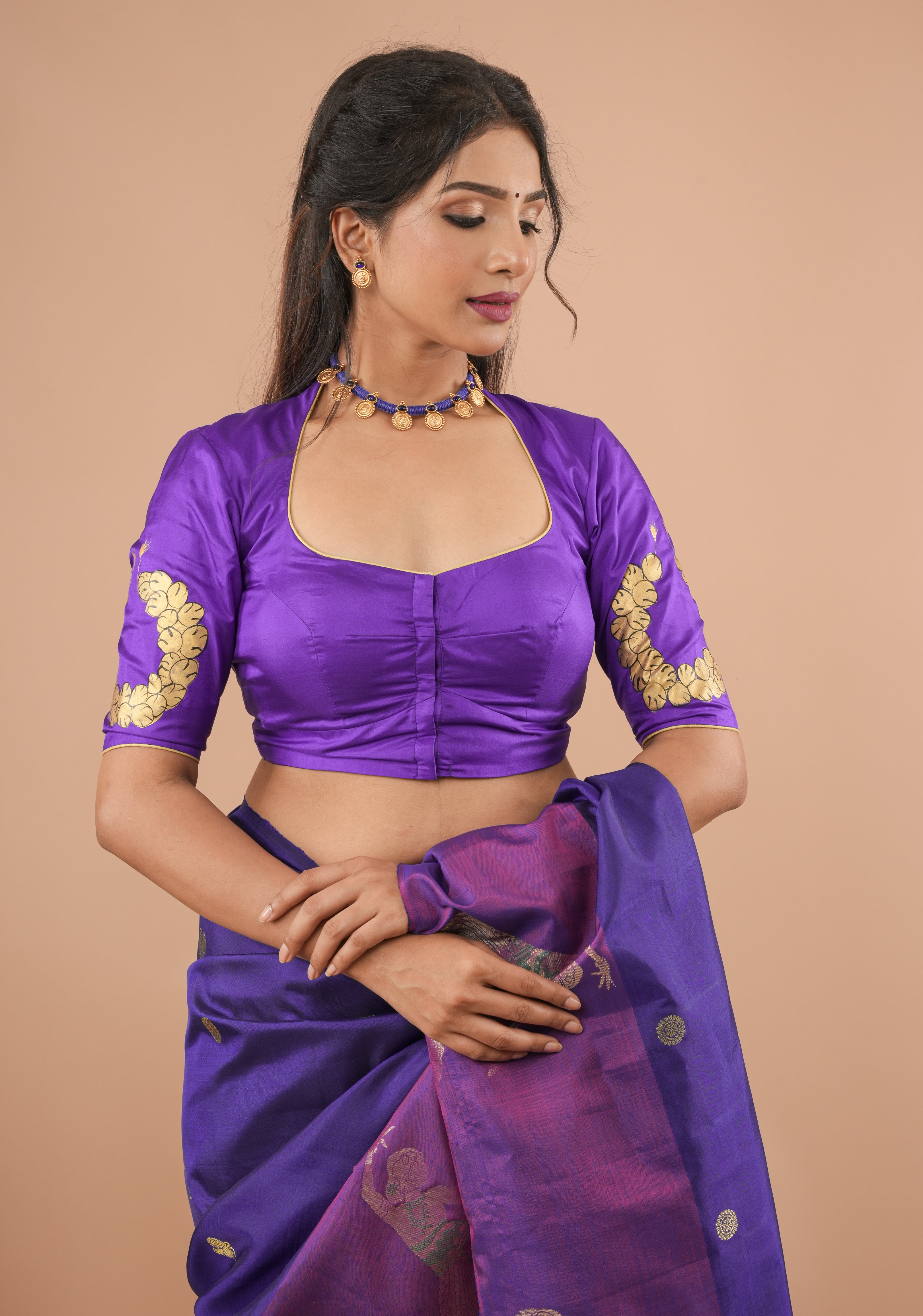 Blue Purple Pure Silk Blouse With Bharatanatyam Dancer Handpainting