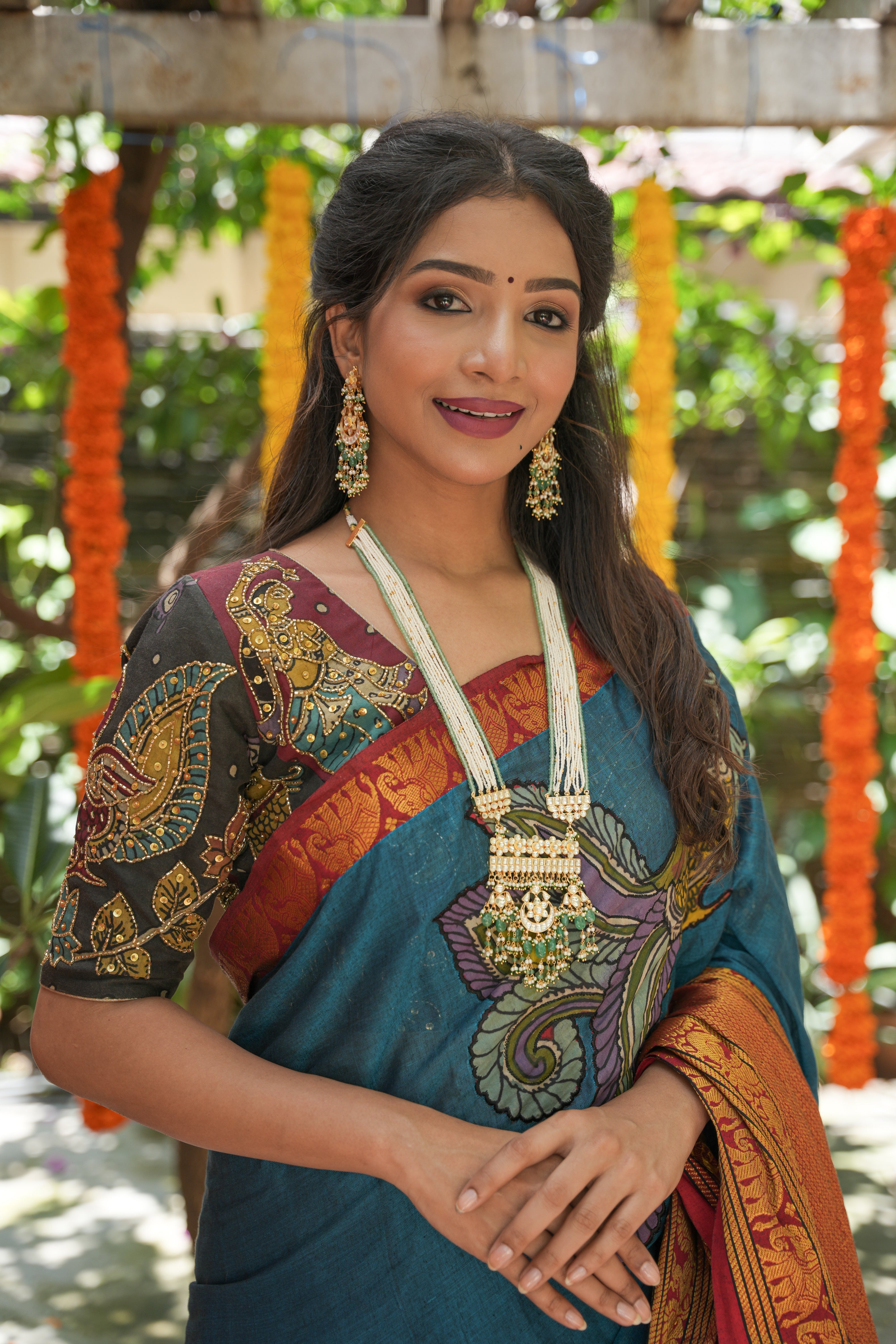 Maroon and Black Kalamkari Embroidery Blouse with Cutdana Work Detailings