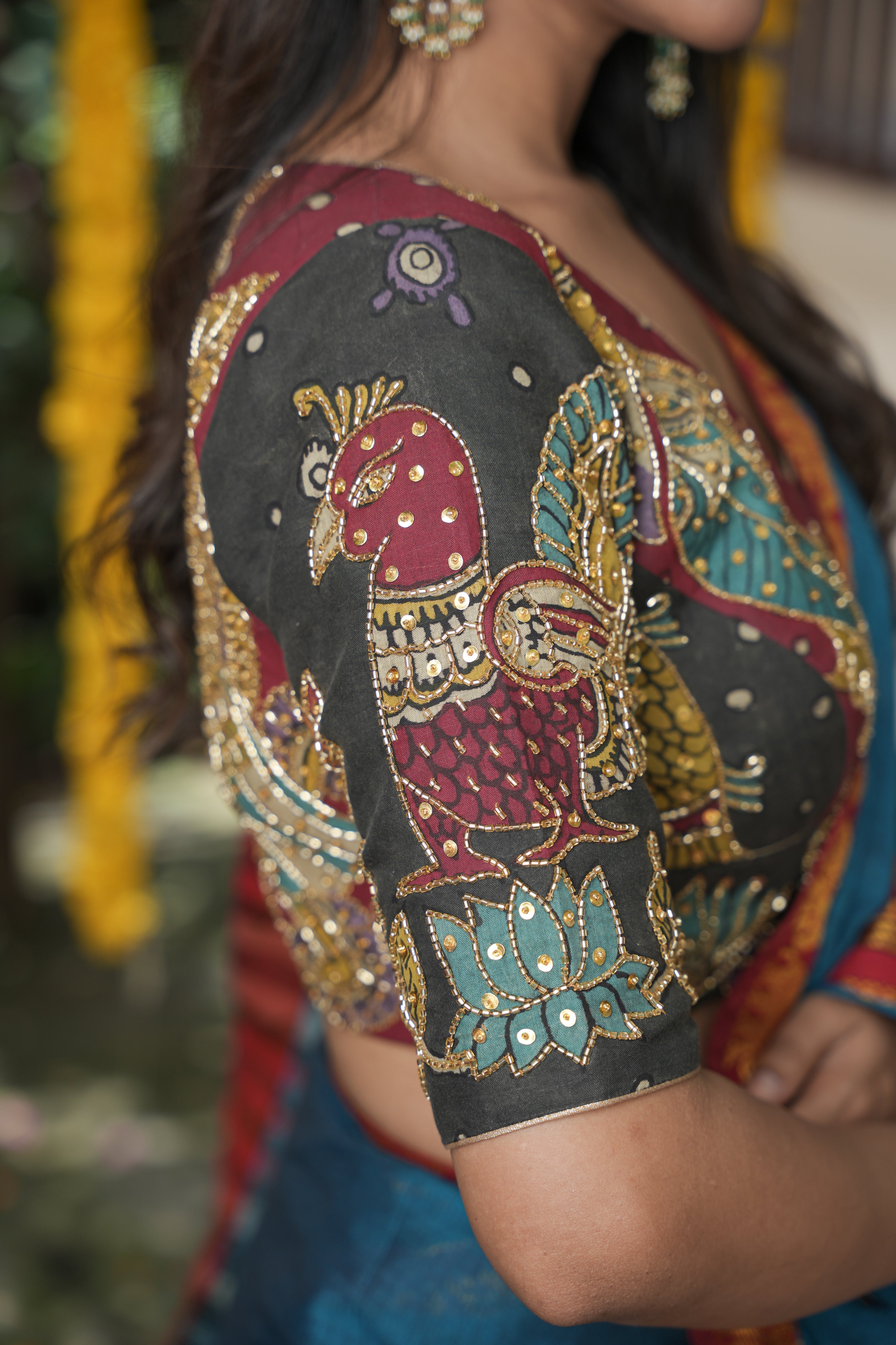 Maroon and Black Kalamkari Embroidery Blouse with Cutdana Work Detailings