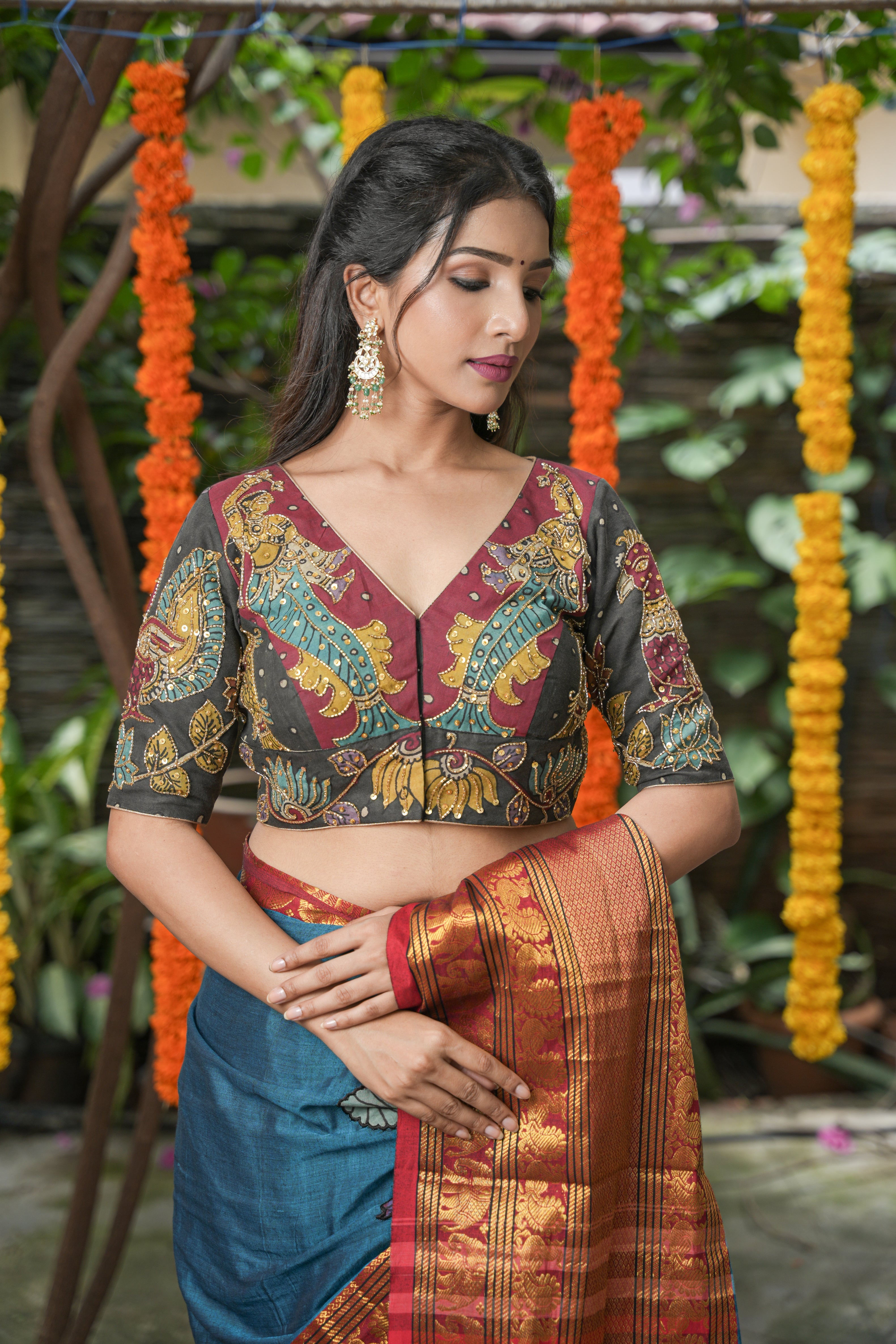 Maroon and Black Kalamkari Embroidery Blouse with Cutdana Work Detailings