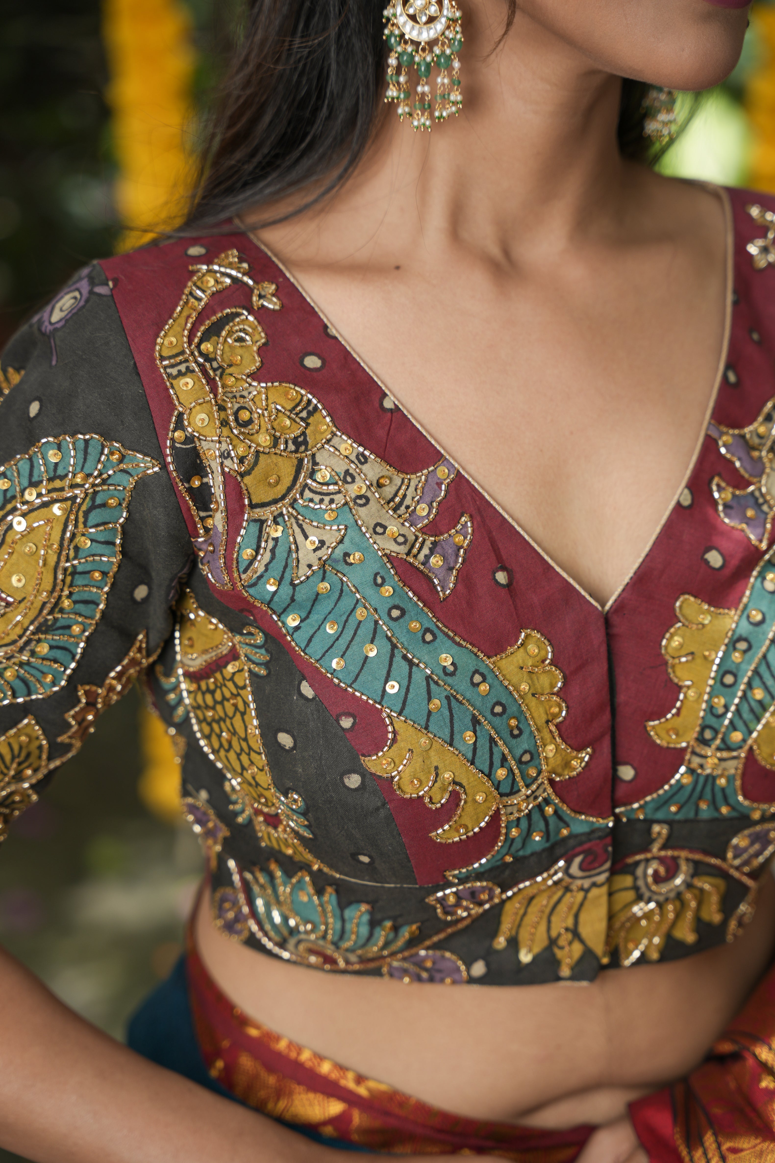 Maroon and Black Kalamkari Embroidery Blouse with Cutdana Work Detailings