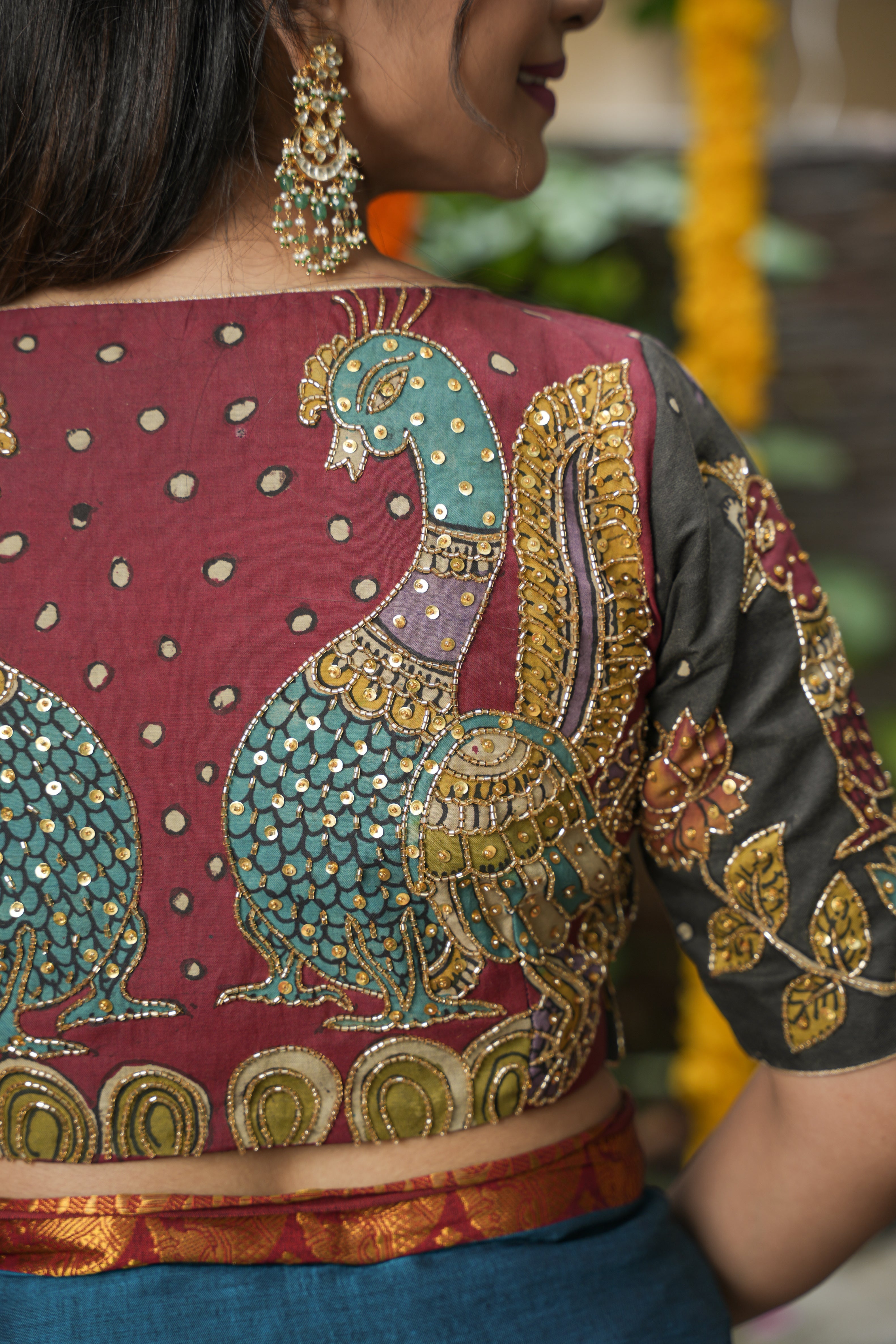 Maroon and Black Kalamkari Embroidery Blouse with Cutdana Work Detailings