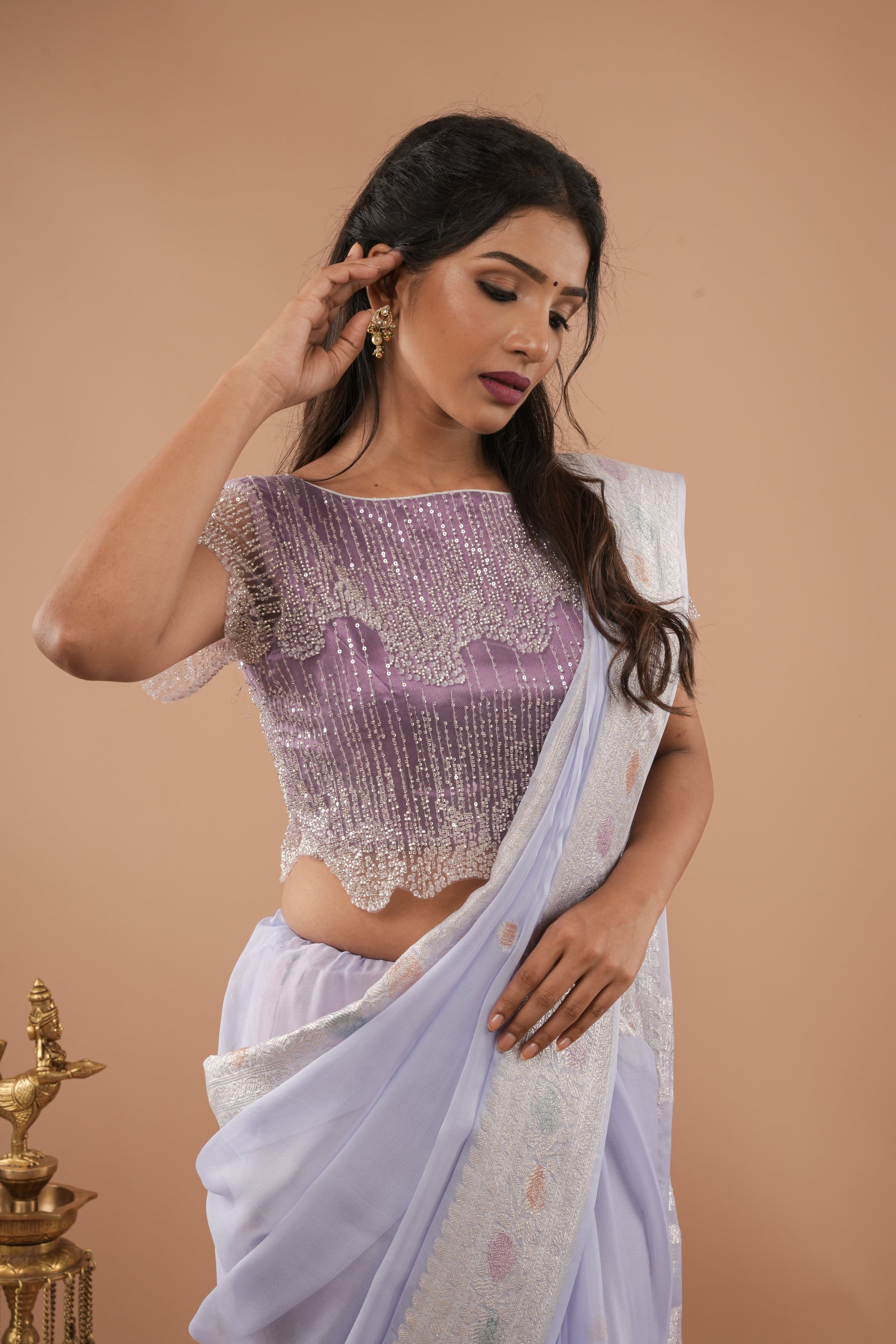 BLOUSE : Lilac layered cutdana scalloped blouse