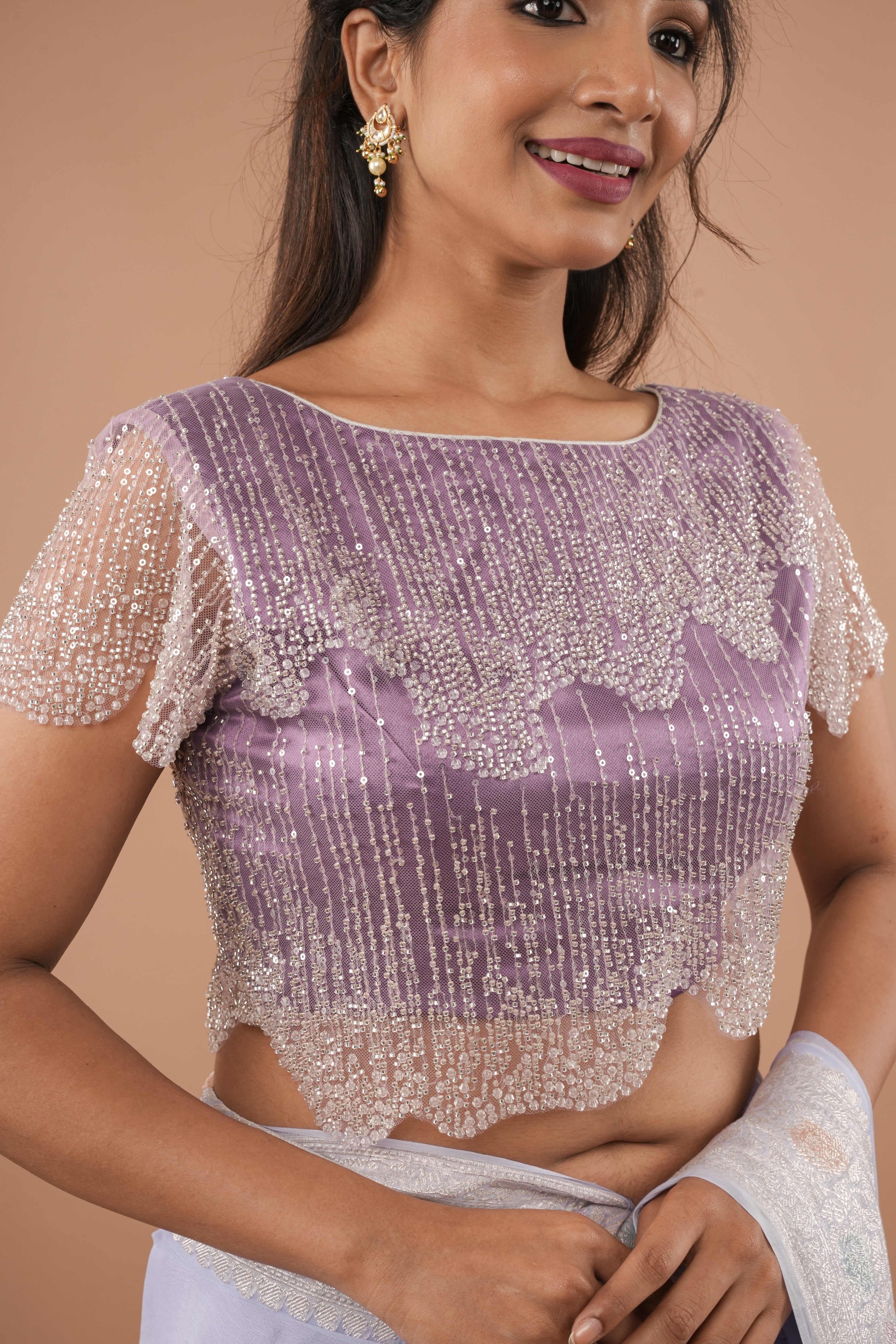 Stylish Lilac layered cutdana scalloped blouse / croptop, Customizable, Made to order