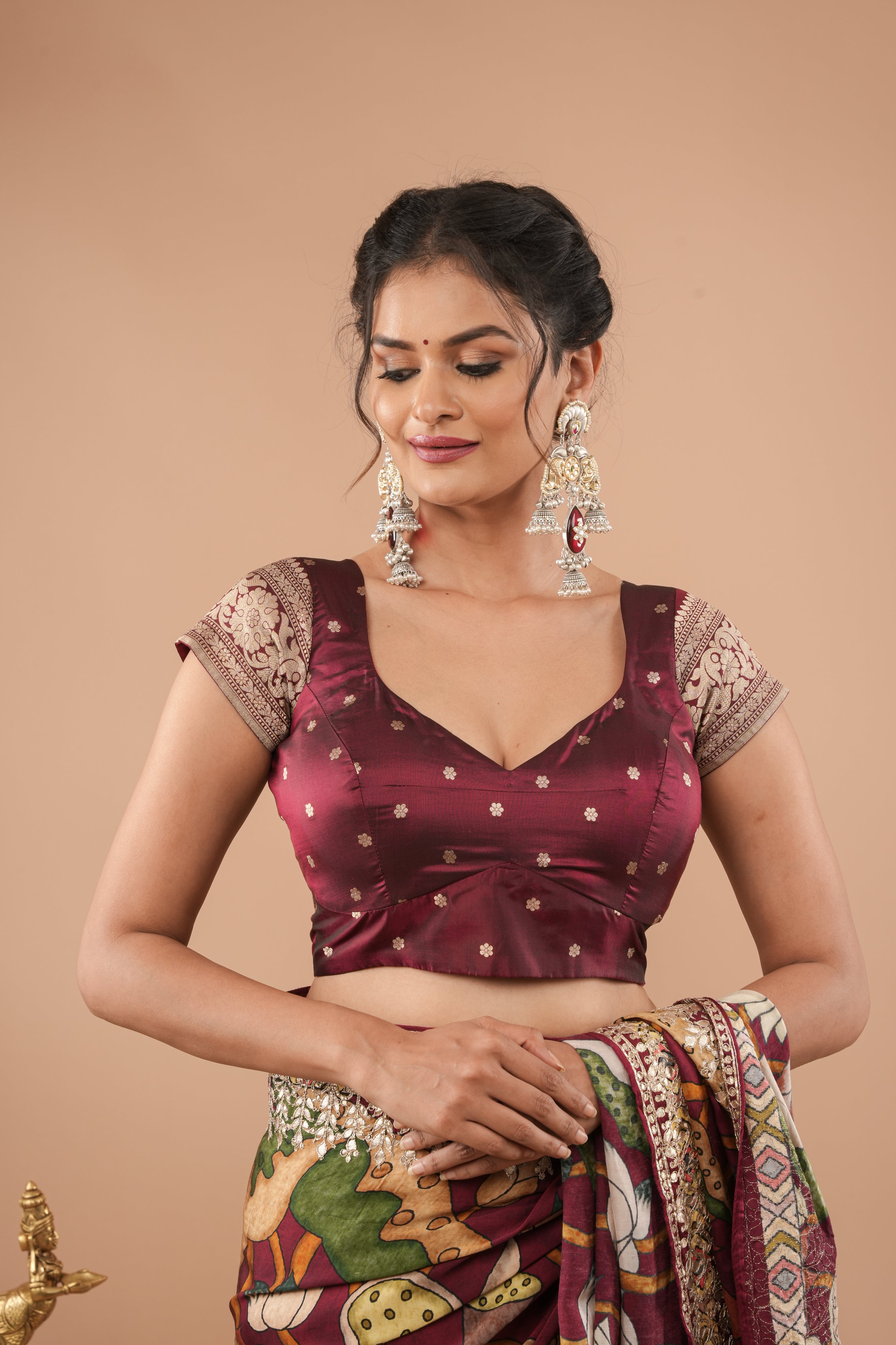 Banarasi Pure Silk Blouse In Maroon With Buttas And Short Sleeves