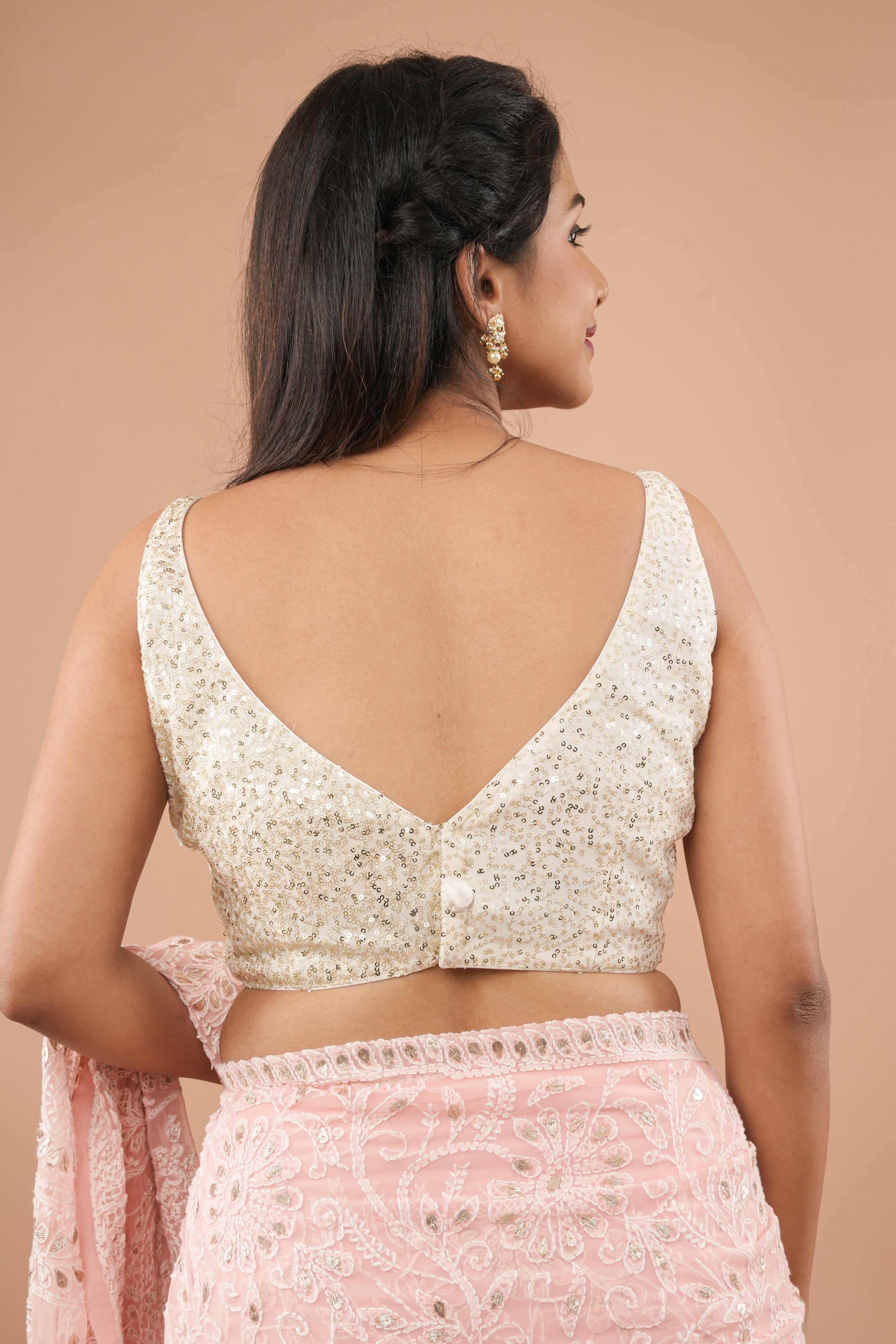 Dainty sequin on net sleeveless blouse with deep leaf neck, Made to Order