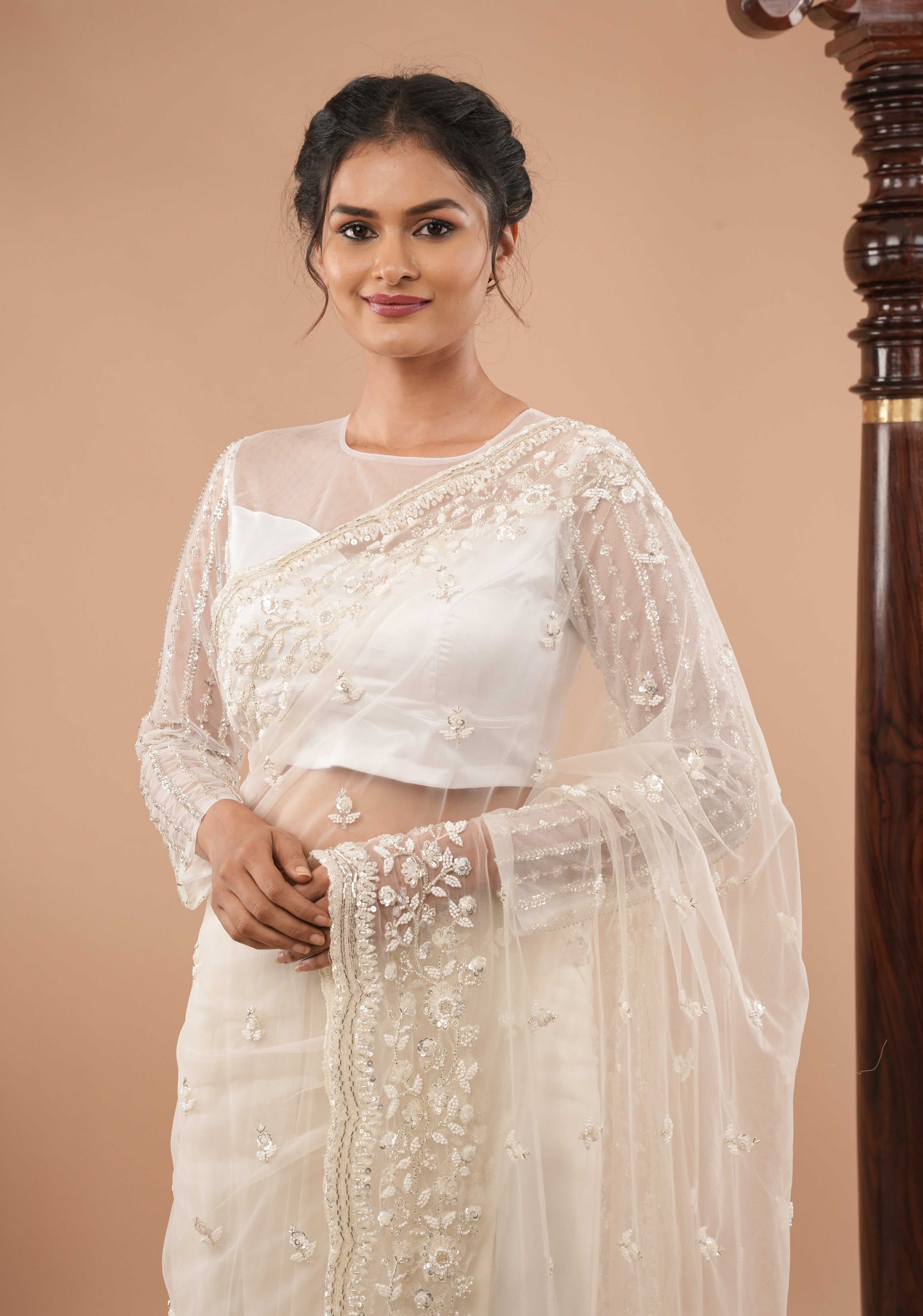 White net sheer yoke blouse with cutdana sleeves