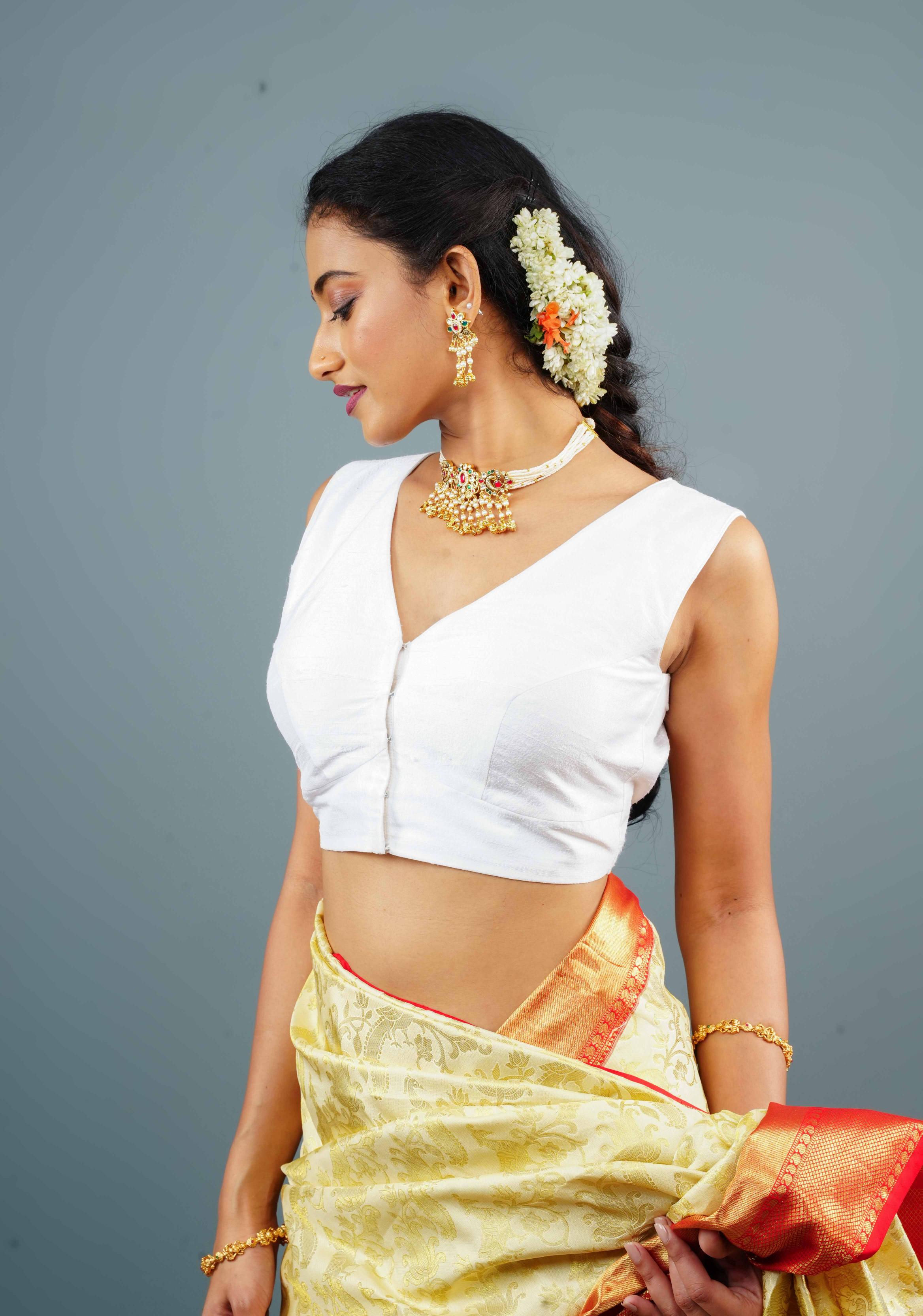 White Pure Raw Silk Sleeveless Blouse with Temple Gopuram Handpainting, Customizable, Made to Order