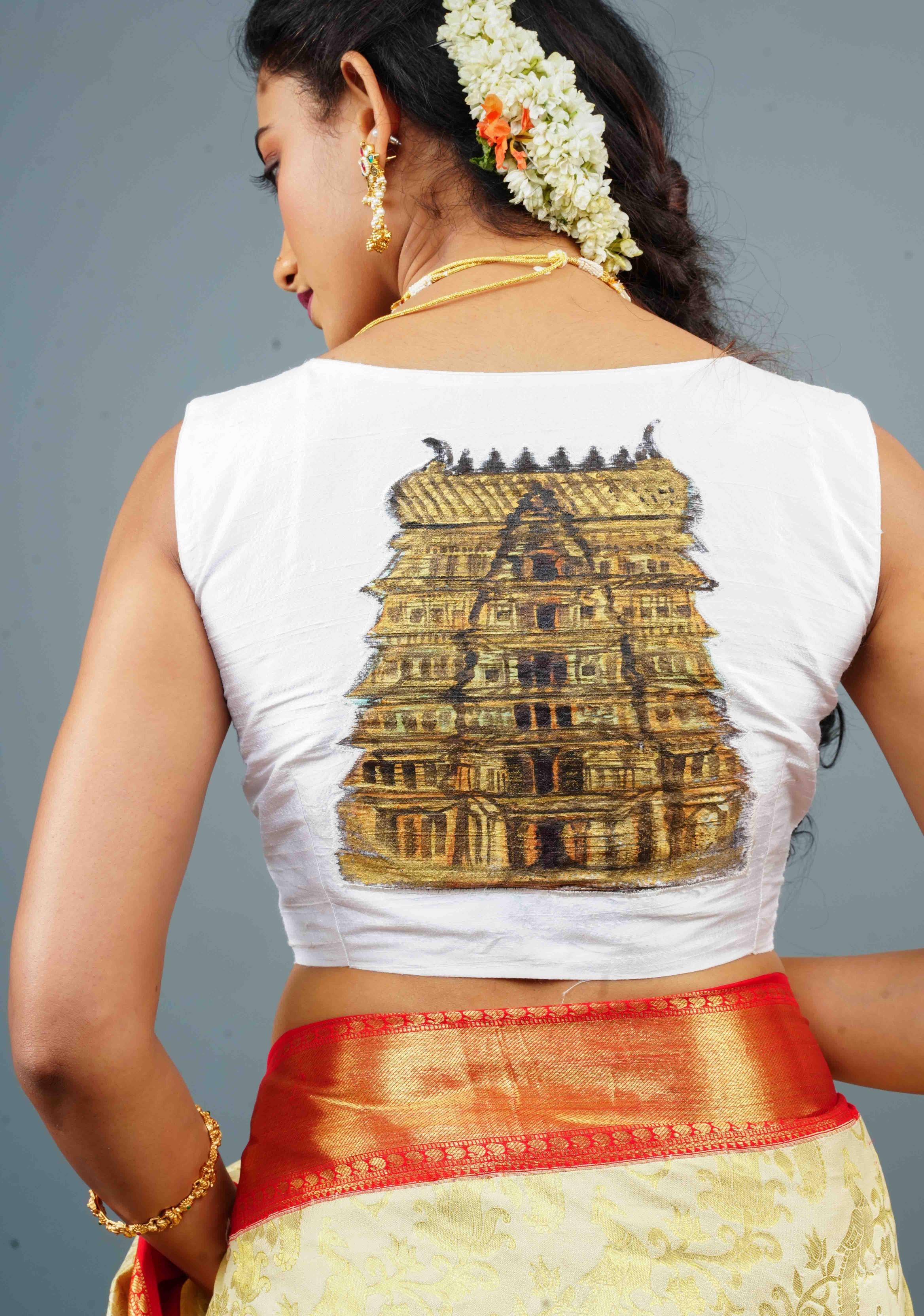 White Pure Raw Silk Sleeveless Blouse with Temple Gopuram Handpainting, Customizable, Made to Order