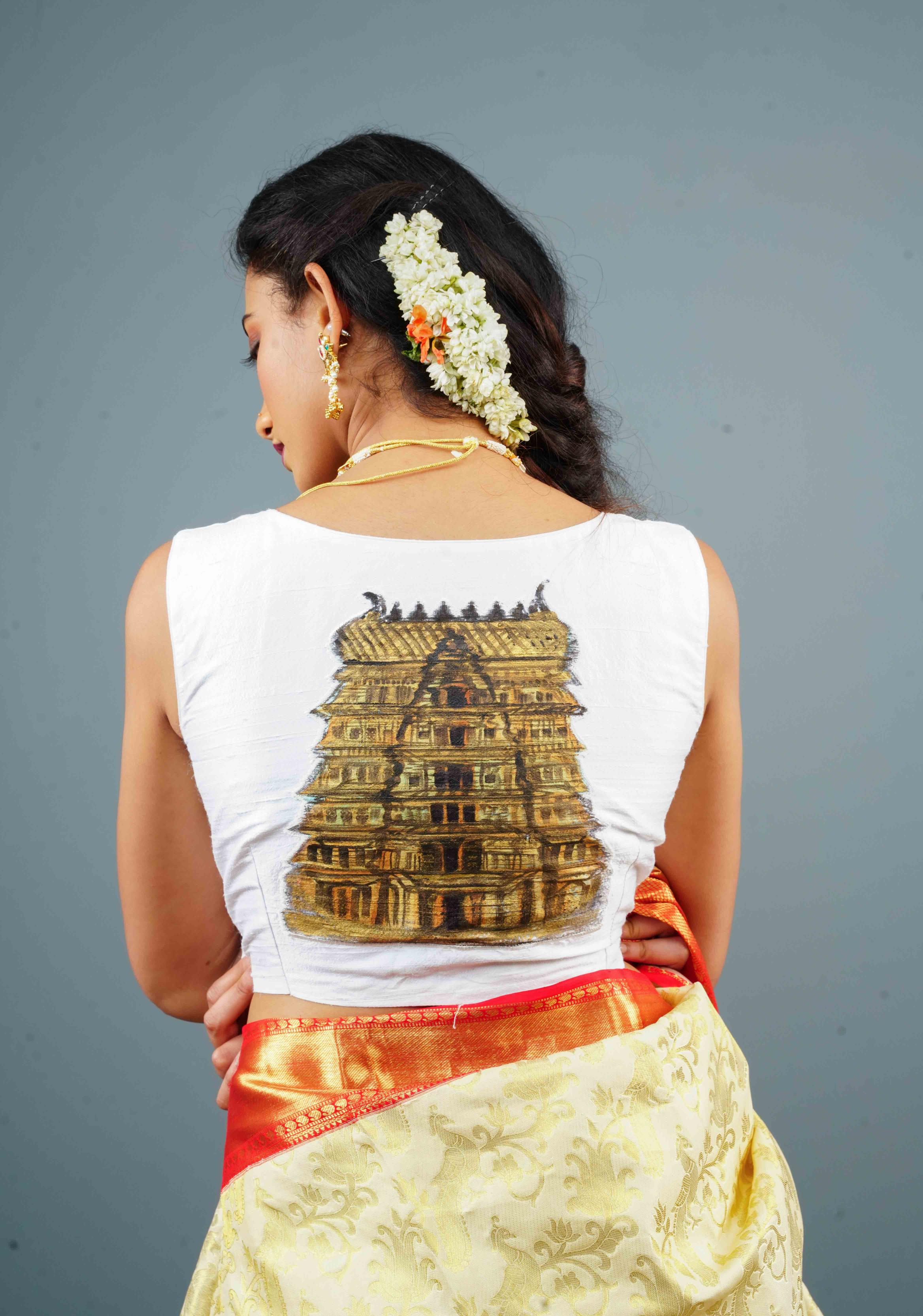 White Pure Raw Silk Sleeveless Blouse with Temple Gopuram Handpainting, Customizable, Made to Order