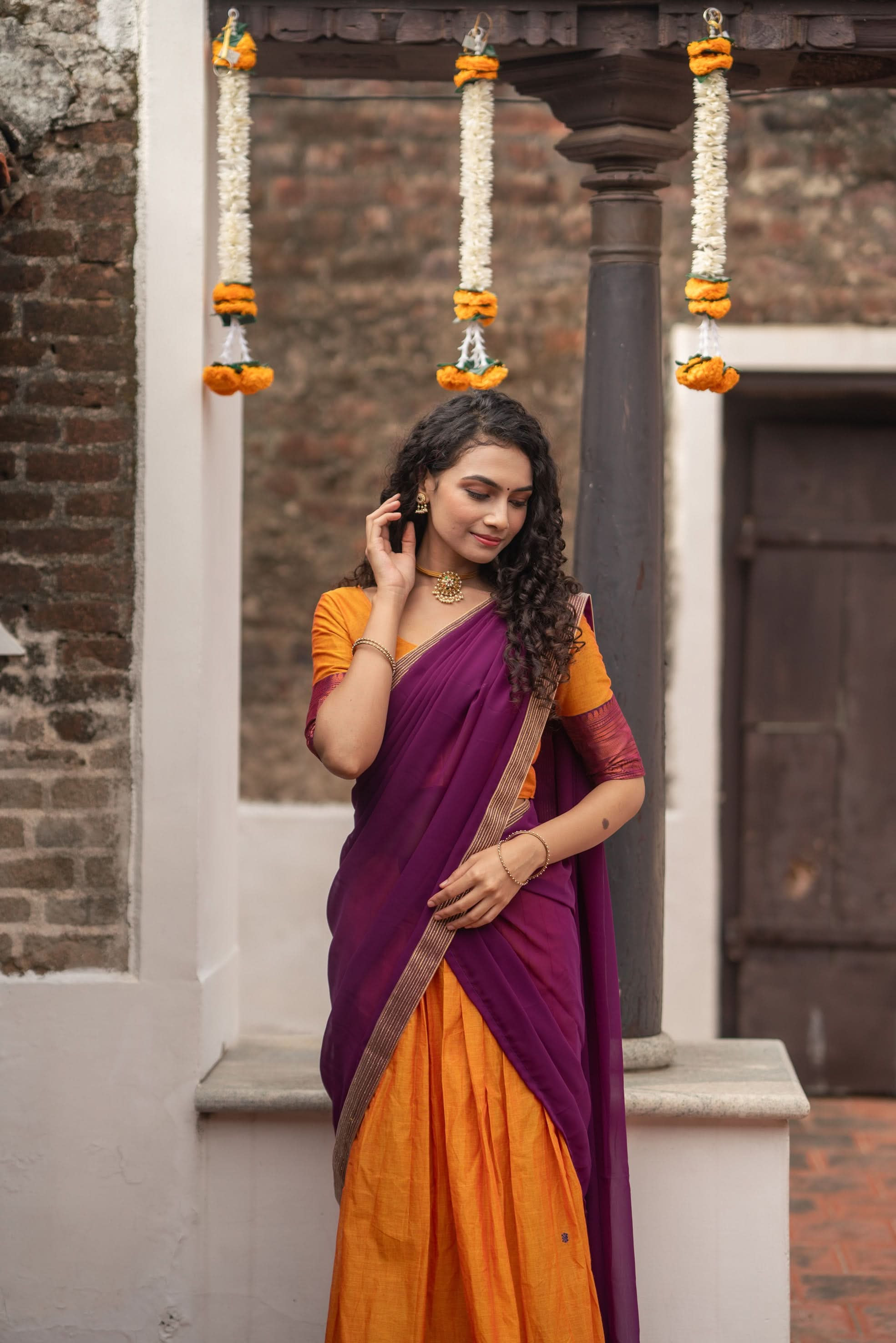 Orange with Violet Handloom Halfsaree with Georgette Dupatta  | Made To Order