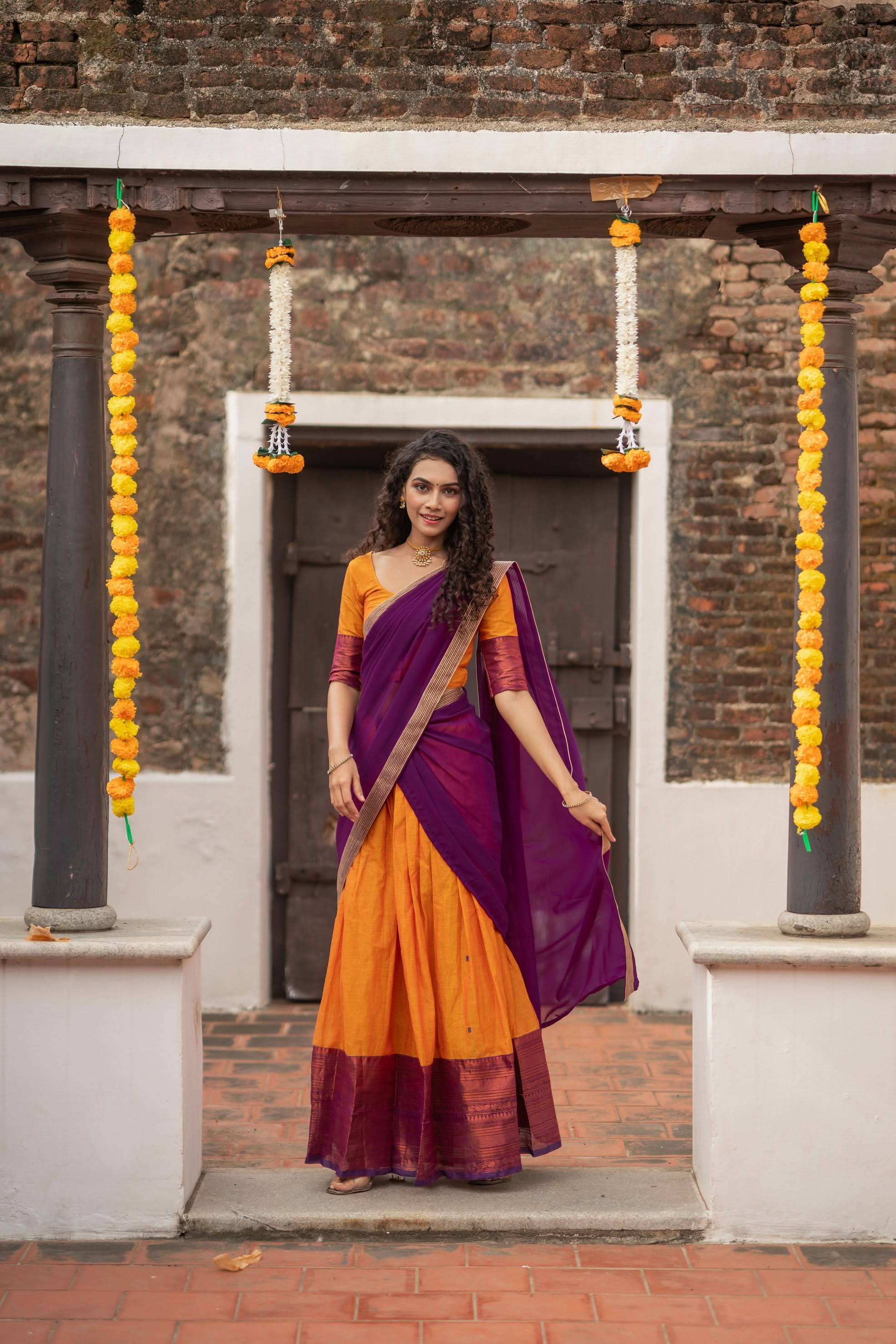 Orange with Violet Handloom Halfsaree with Georgette Dupatta  | Made To Order