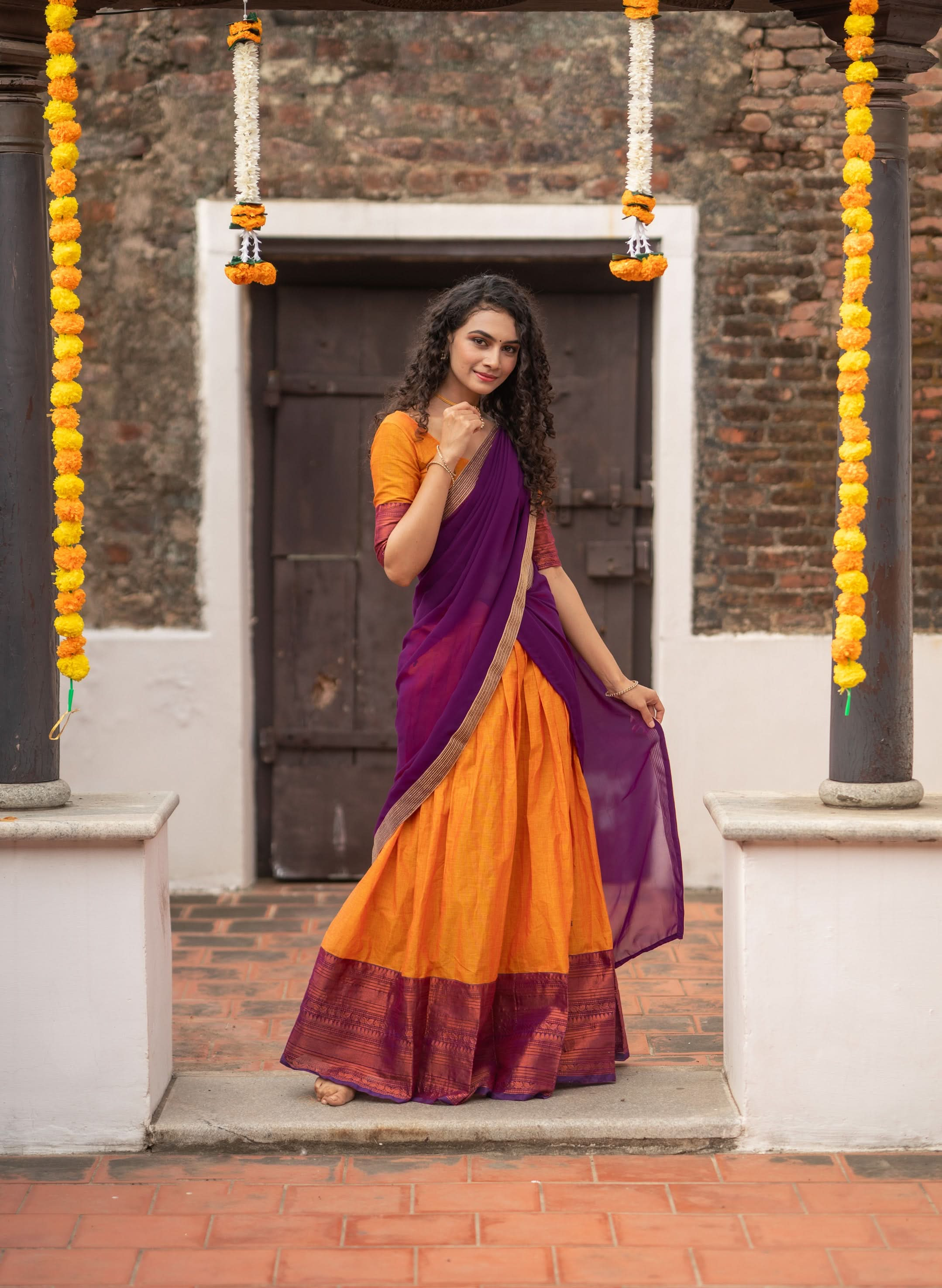 Orange with Violet Handloom Halfsaree with Georgette Dupatta  | Made To Order