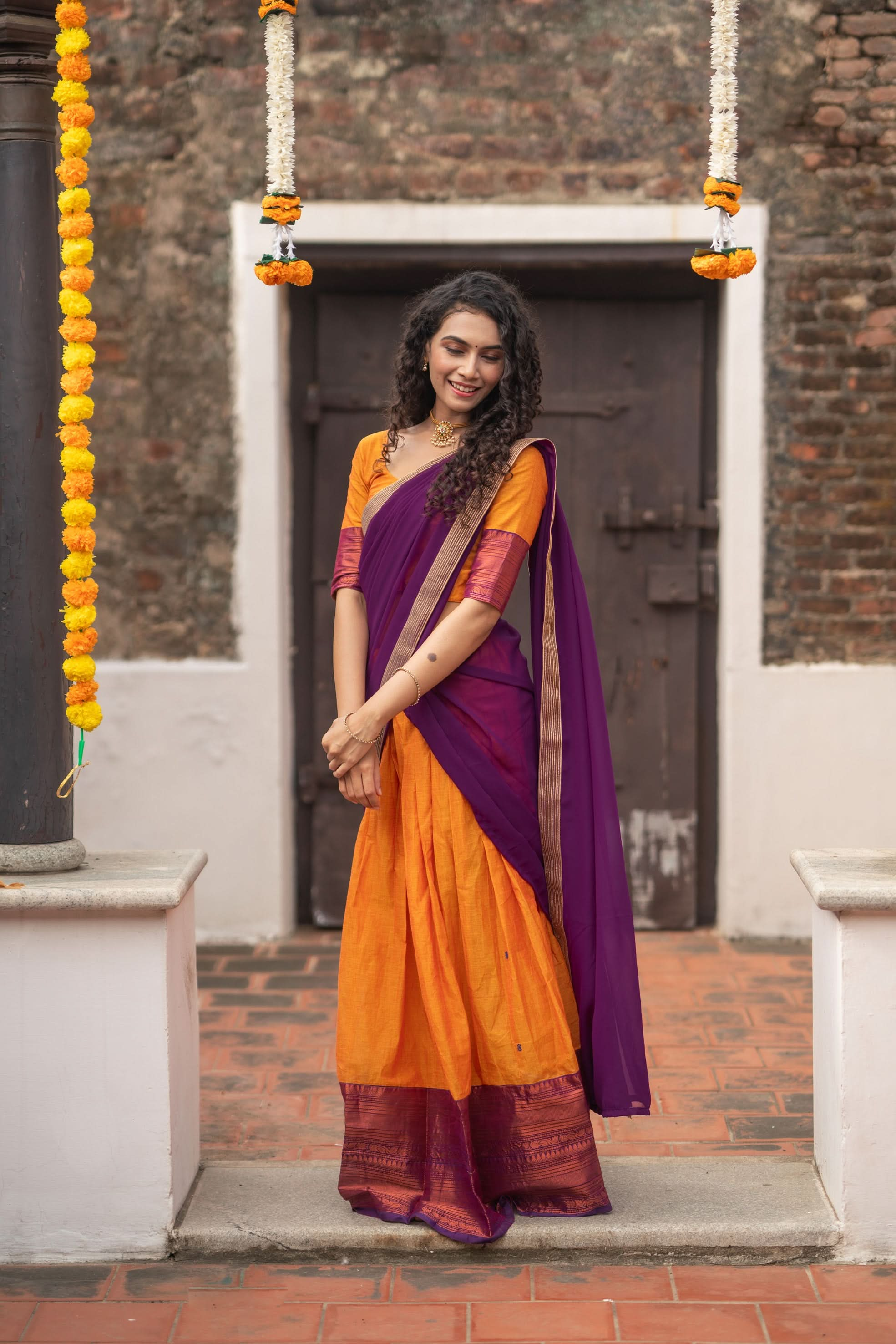 Orange with Violet Handloom Halfsaree with Georgette Dupatta  | Made To Order