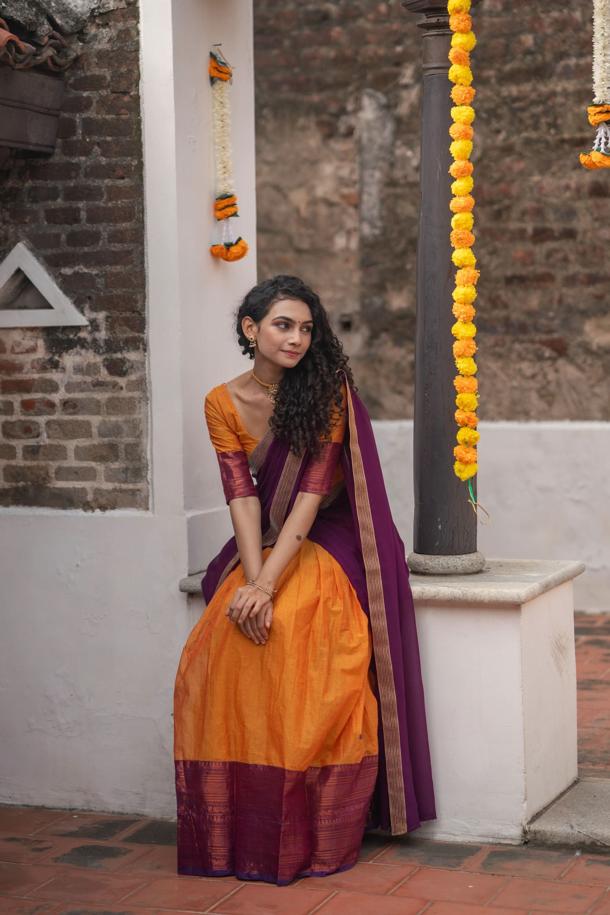 Orange with Violet Handloom Halfsaree with Georgette Dupatta  | Made To Order