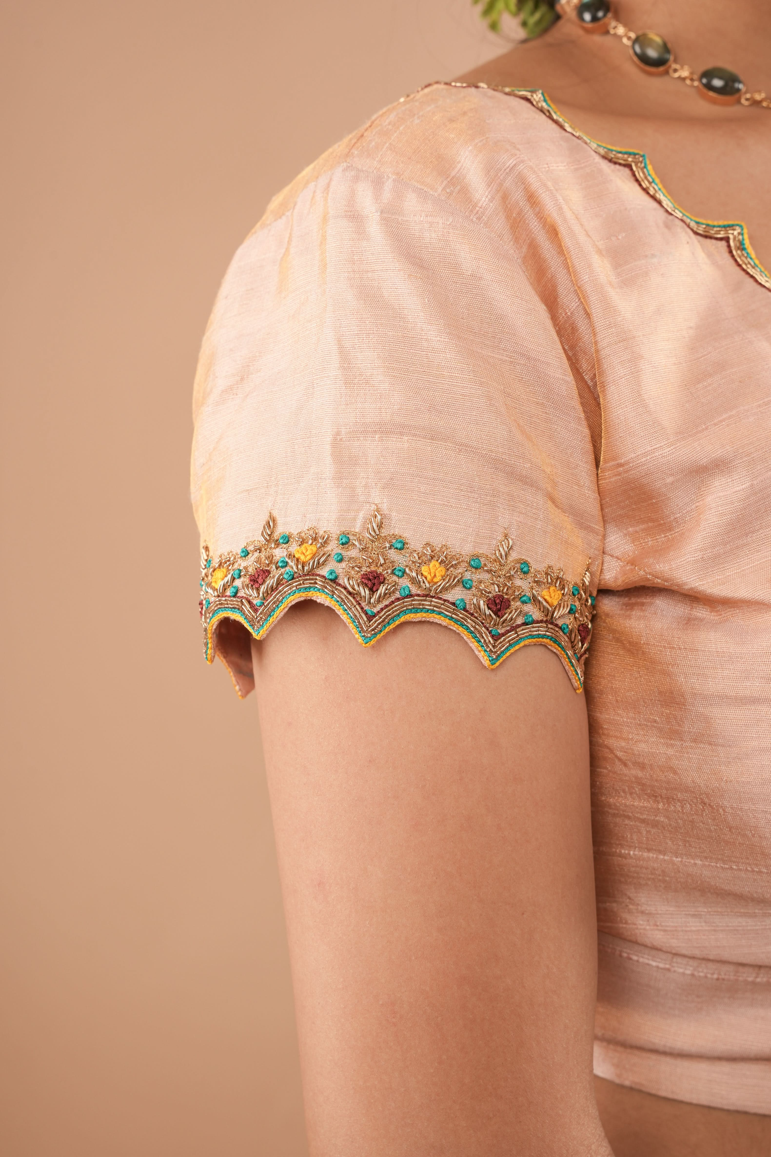 BLOUSE : Sandalwood Pure Tissue Raw Silk Blouse with scalloped hand embroidery, Customizable, Made to Order