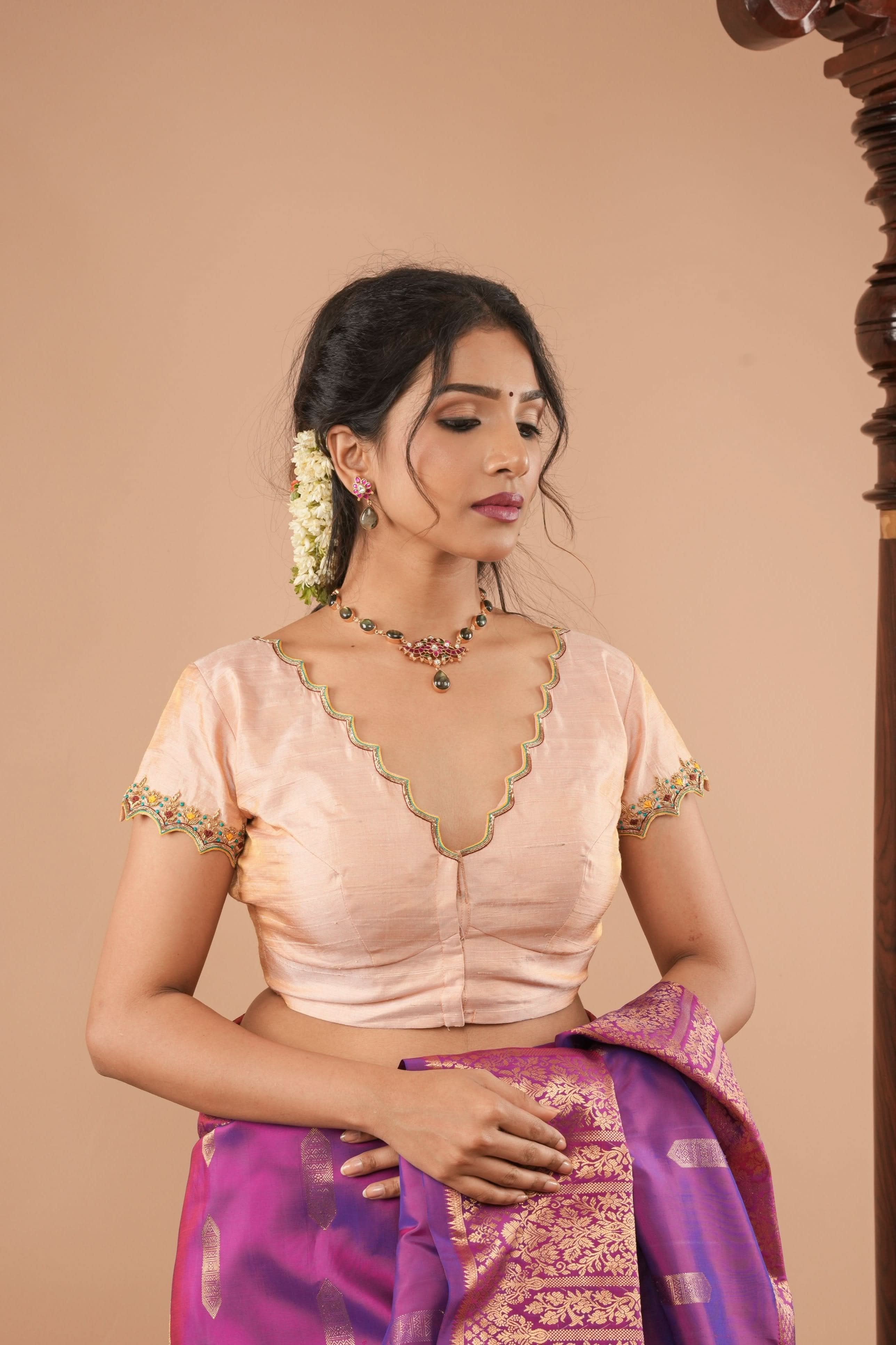 Sandalwood Pure Tissue  Raw Silk Blouse with scalloped hand embroidery