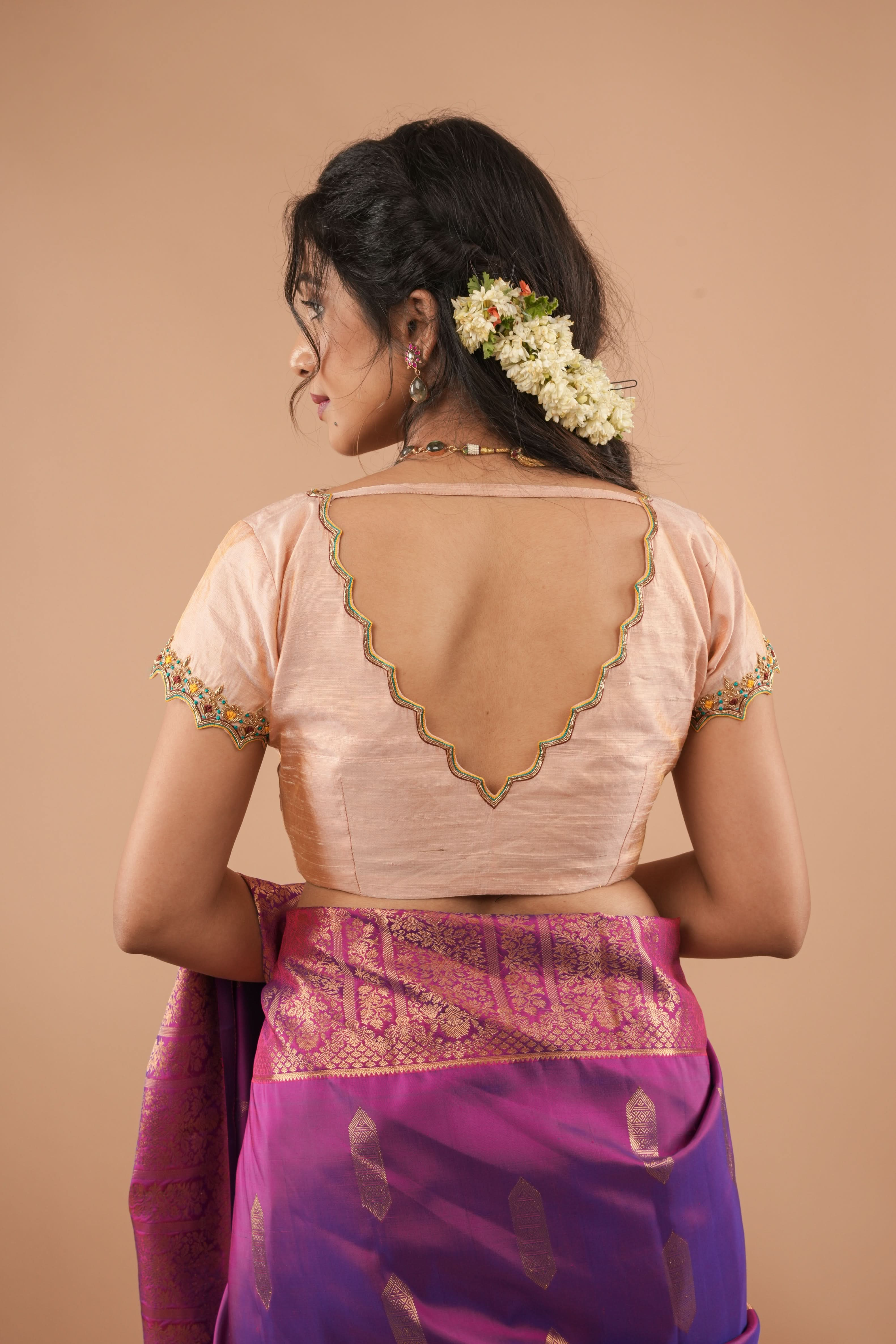 BLOUSE : Sandalwood Pure Tissue Raw Silk Blouse with scalloped hand embroidery, Customizable, Made to Order