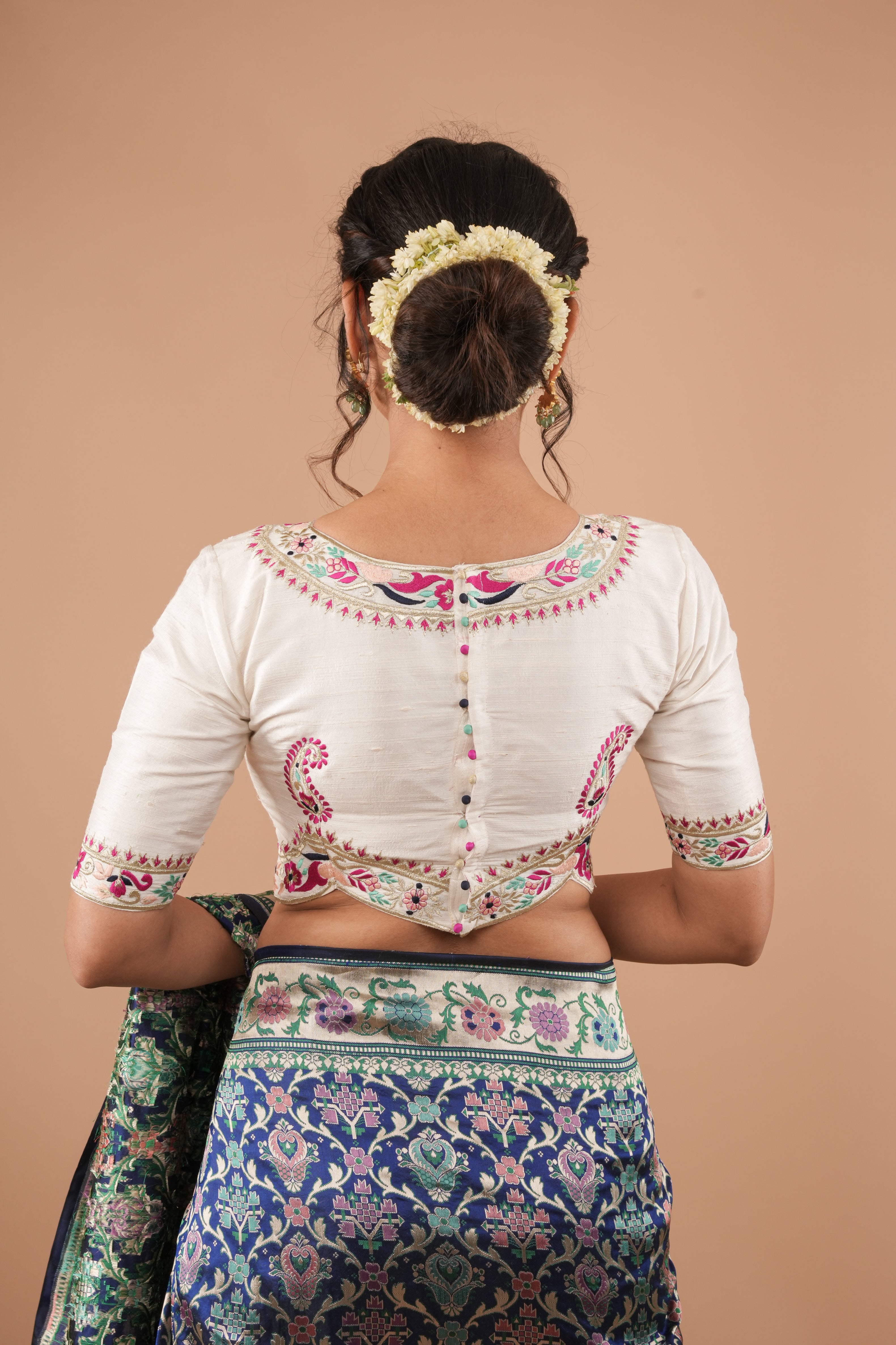 BLOUSE : White Pure Raw Silk Blouse With Multicolor embroidery