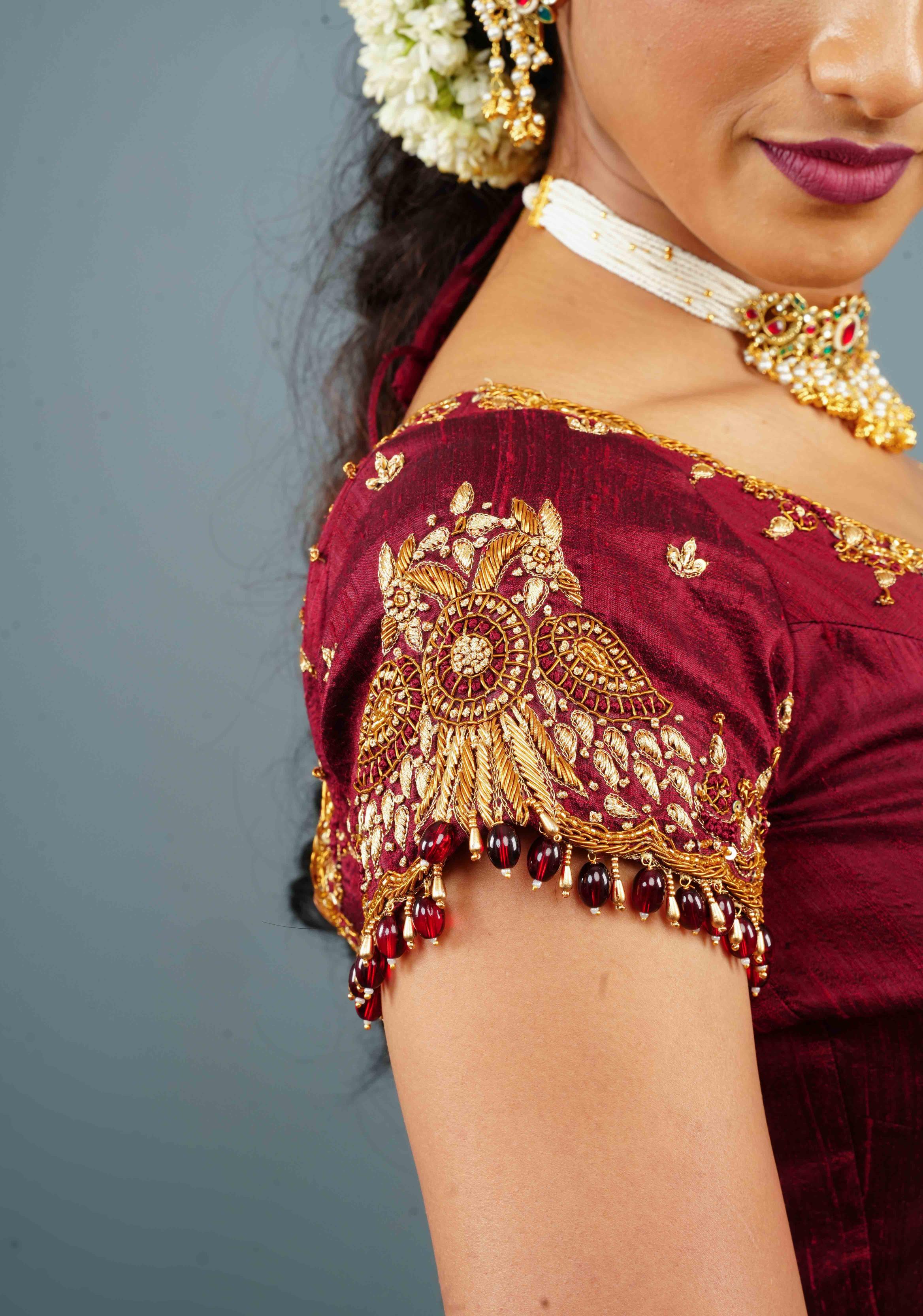 Maroon Pure Raw Silk Handwork Blouse with Antique Zardosi Berunda detailing and dangling Ruby Like Beads, Customizable, Made to Order