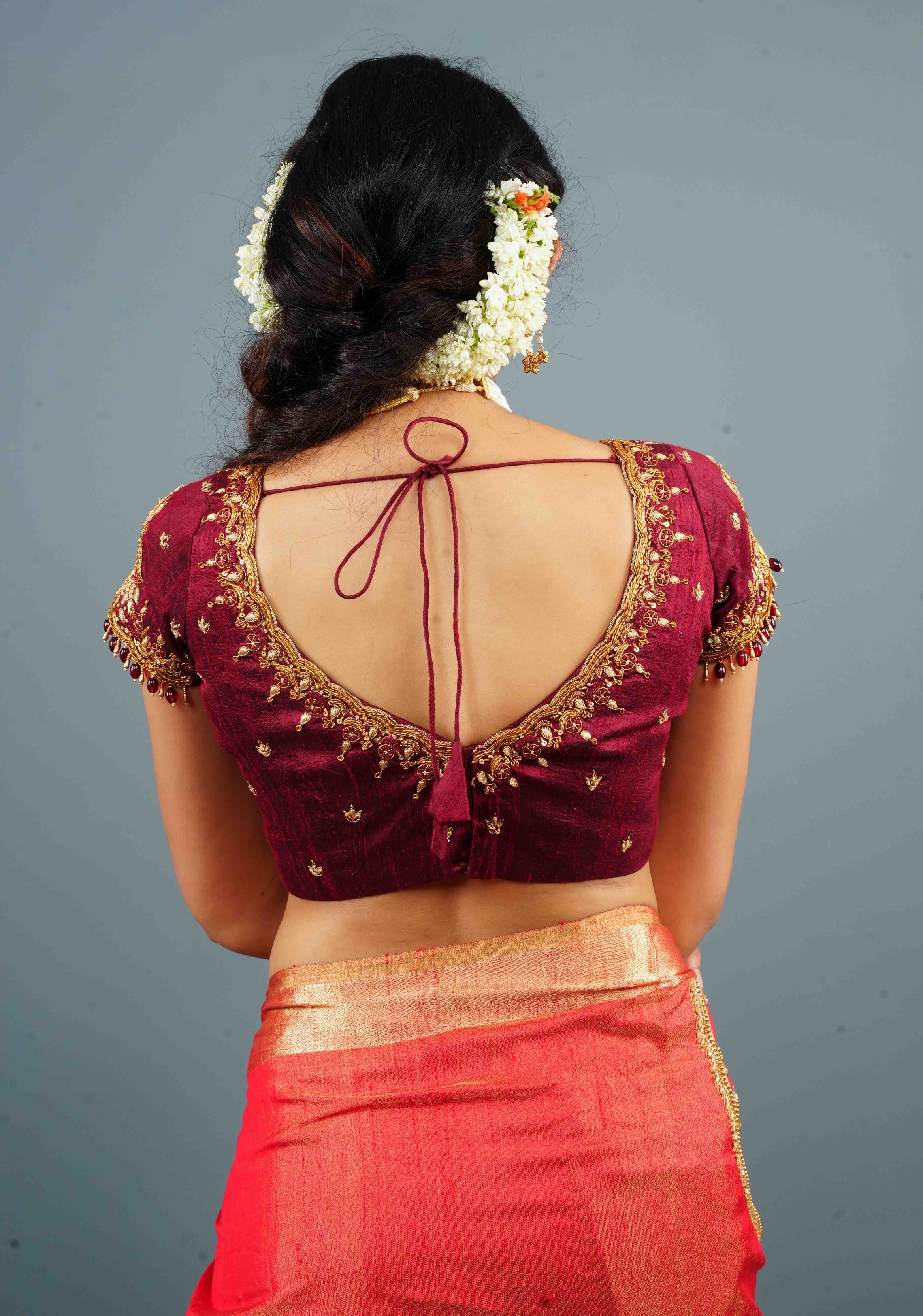 Maroon Pure Raw Silk Handwork Blouse with Antique Zardosi Berunda detailing and dangling Ruby Like Beads, Customizable, Made to Order