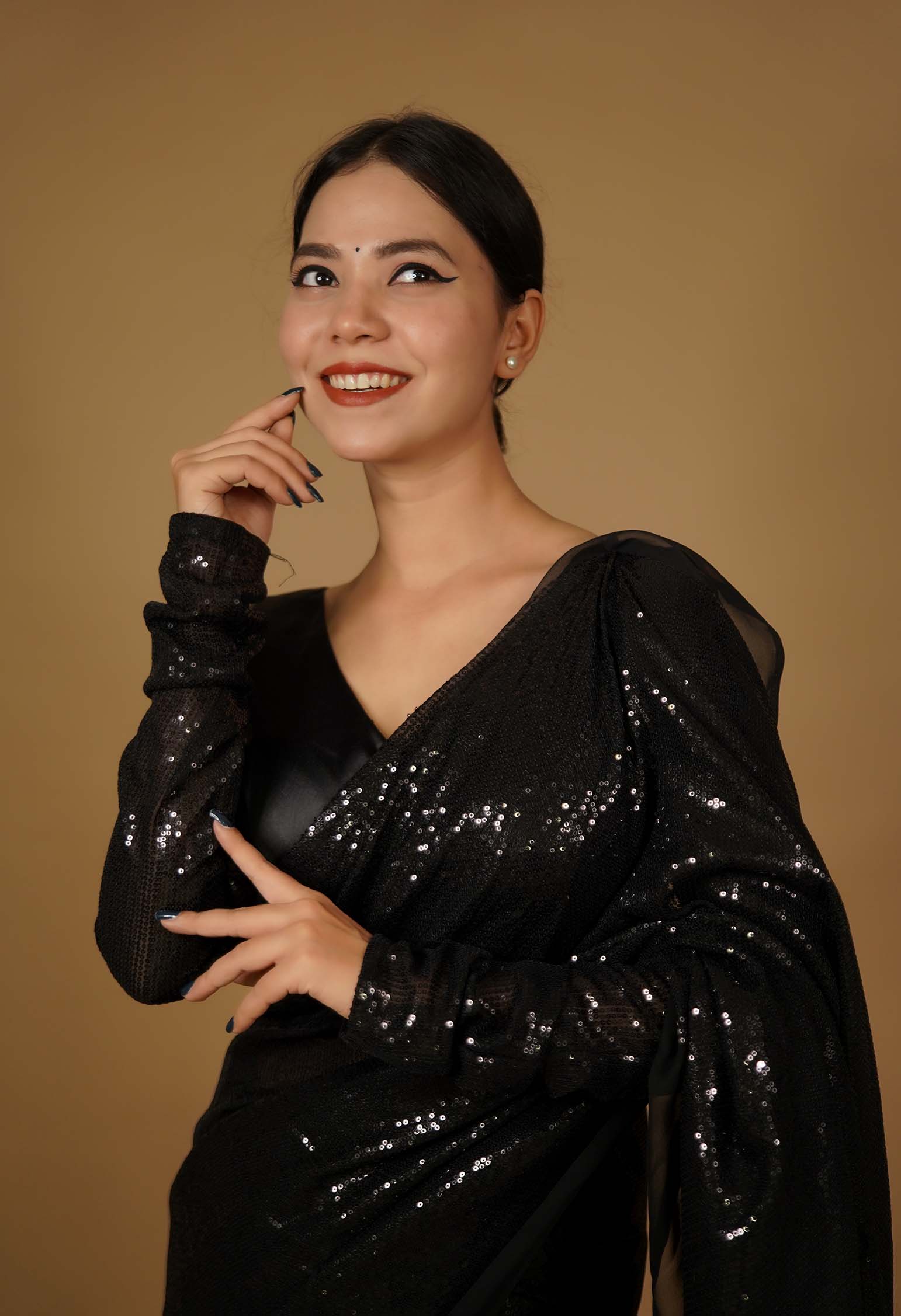 Black body With V neck & Sequin Full Sleeves Princess cut Designer blouse