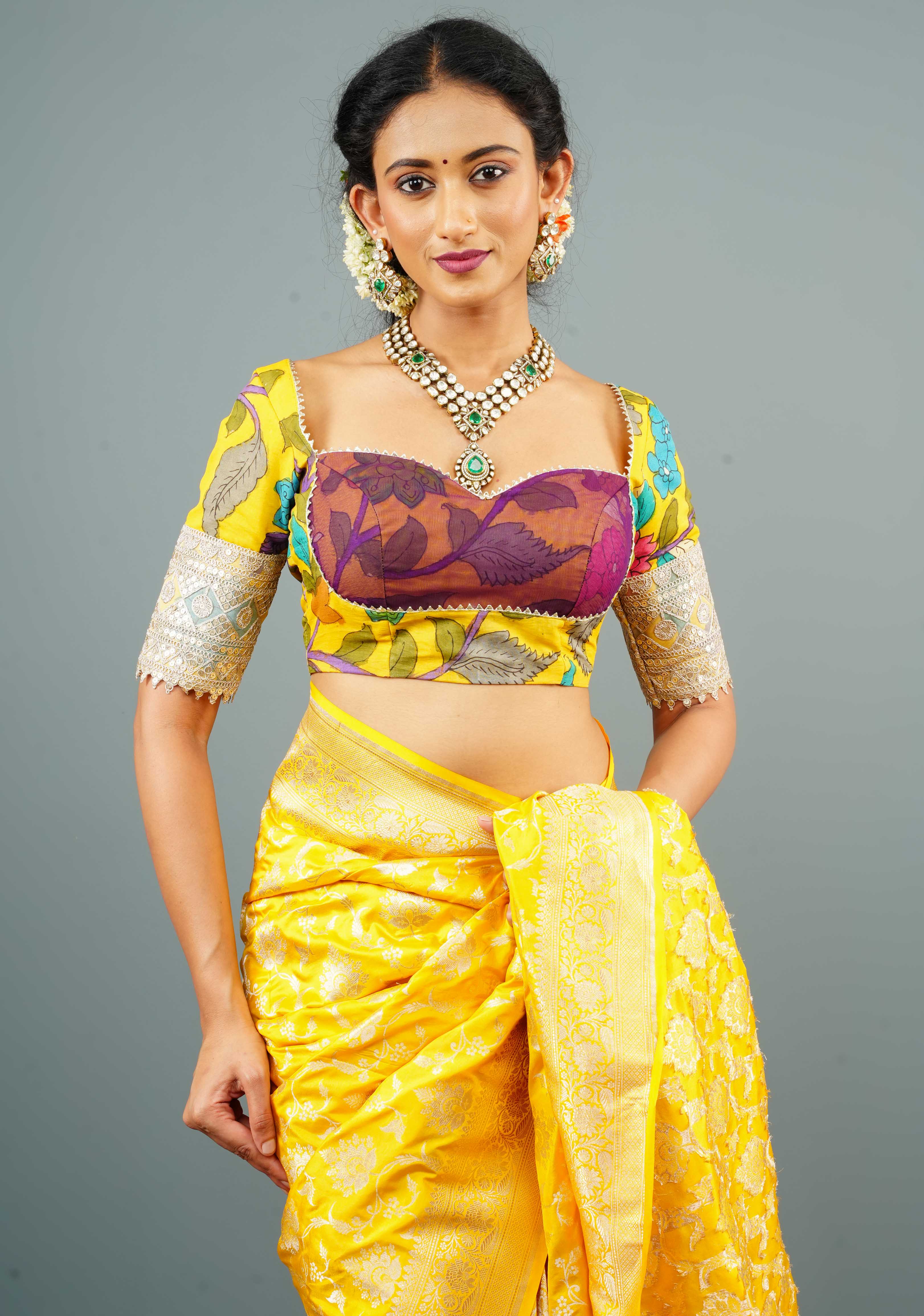 Pure Pen Kalamkari Bustier Blouse in Yellow with with Net and Lace detailing, Customizable, Made to Order