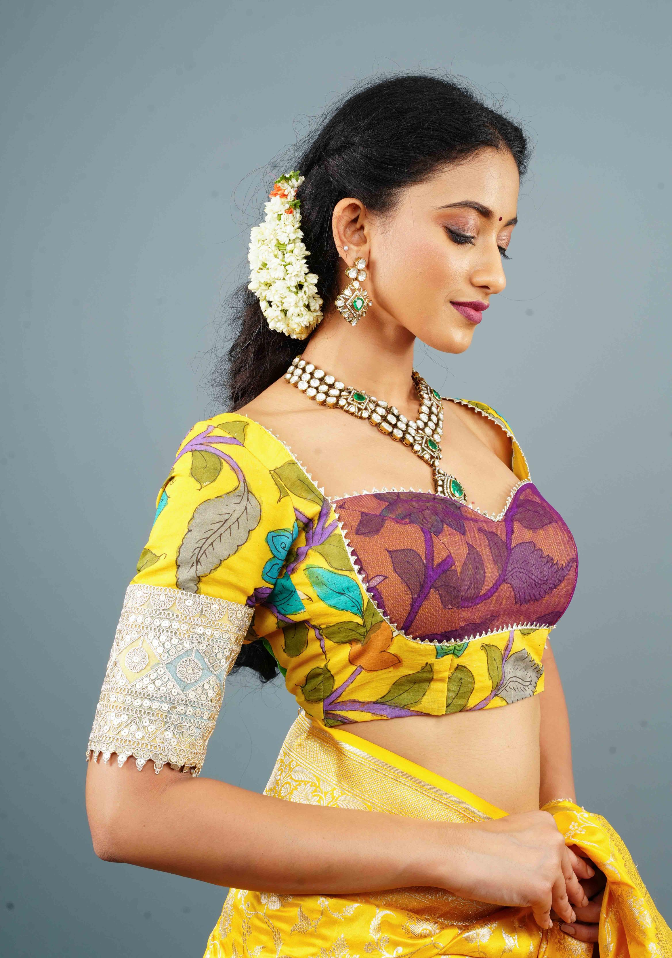 Pure Pen Kalamkari Bustier Blouse in Yellow with with Net and Lace detailing, Customizable, Made to Order