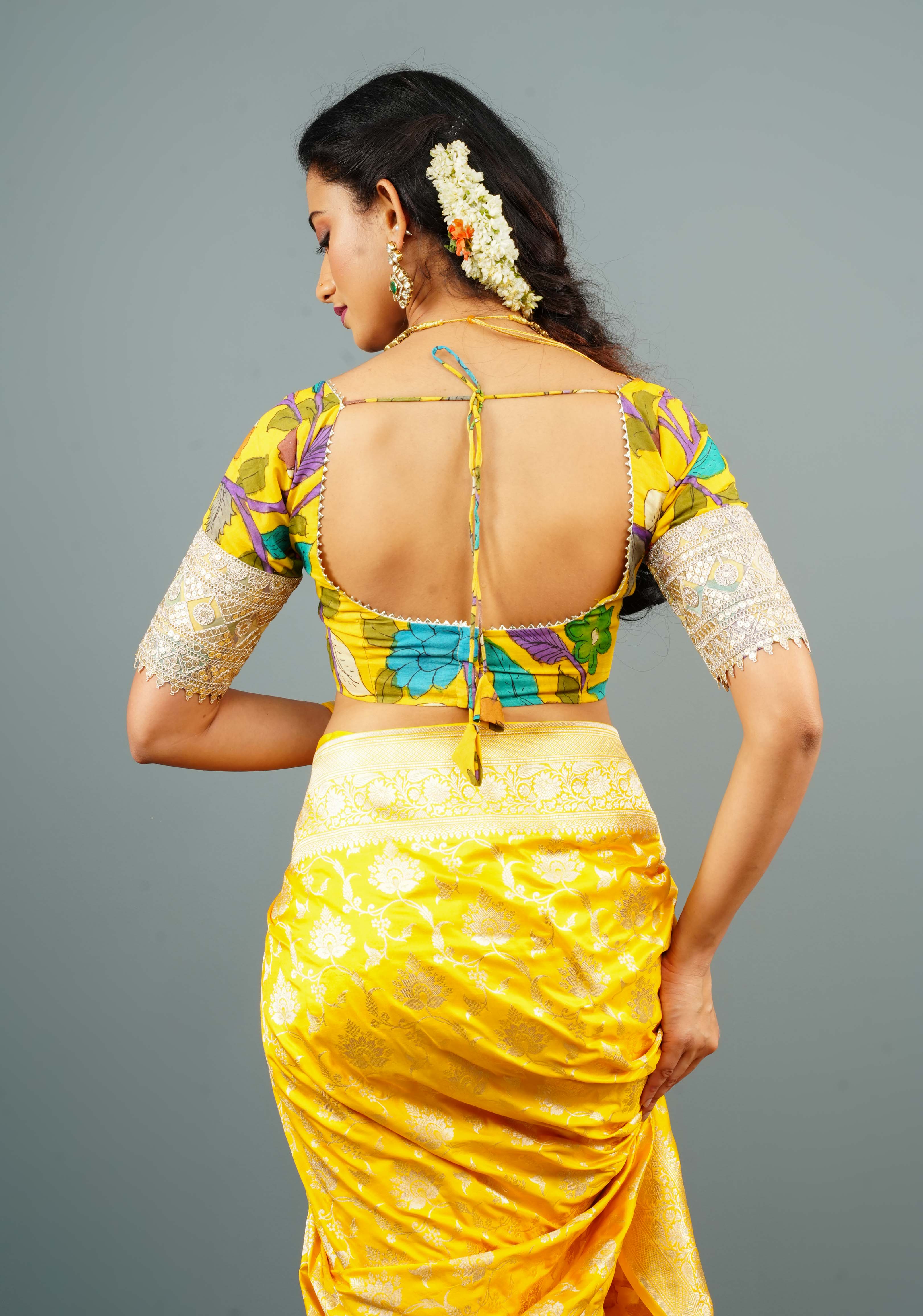 Pure Pen Kalamkari Bustier Blouse in Yellow with with Net and Lace detailing, Customizable, Made to Order