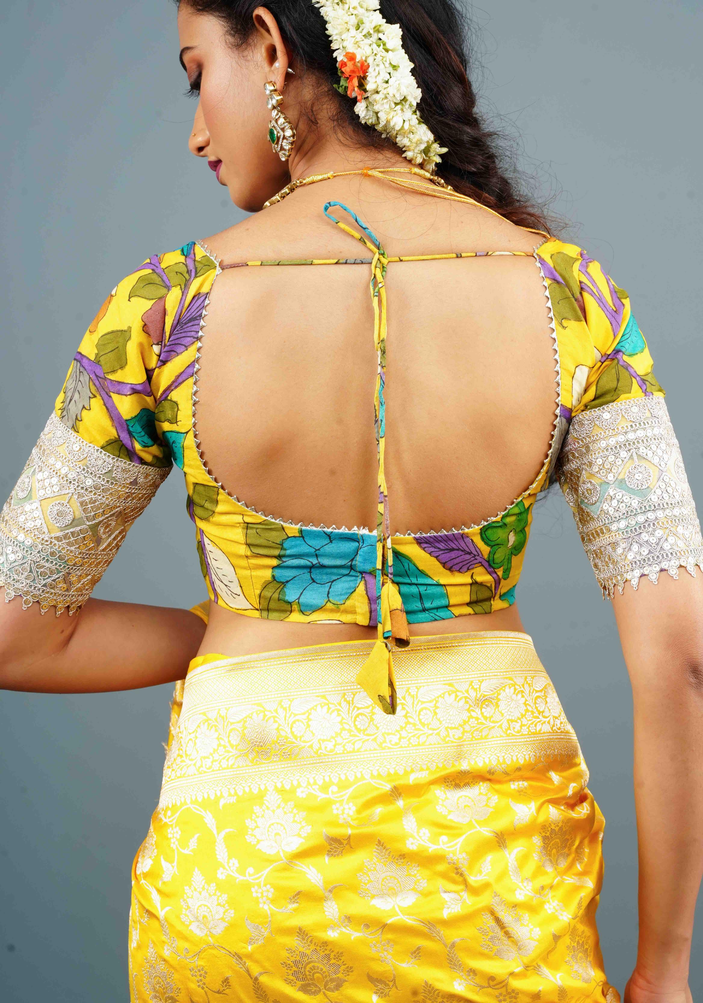 Pure Pen Kalamkari Bustier Blouse in Yellow with with Net and Lace detailing, Customizable, Made to Order