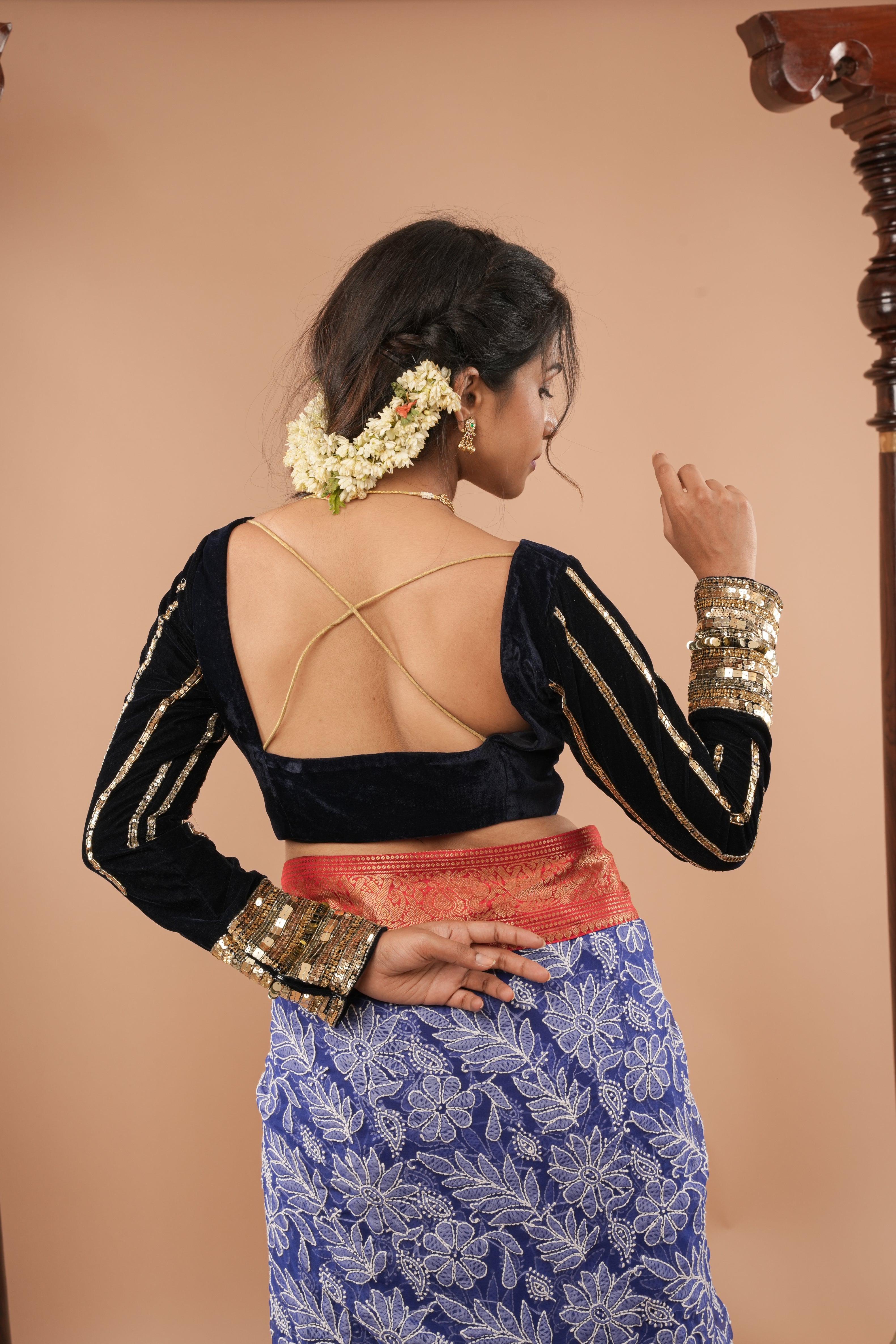 Navy Blue velvet blouse with asymmetric vertical designs sequin handwork | Made to Order