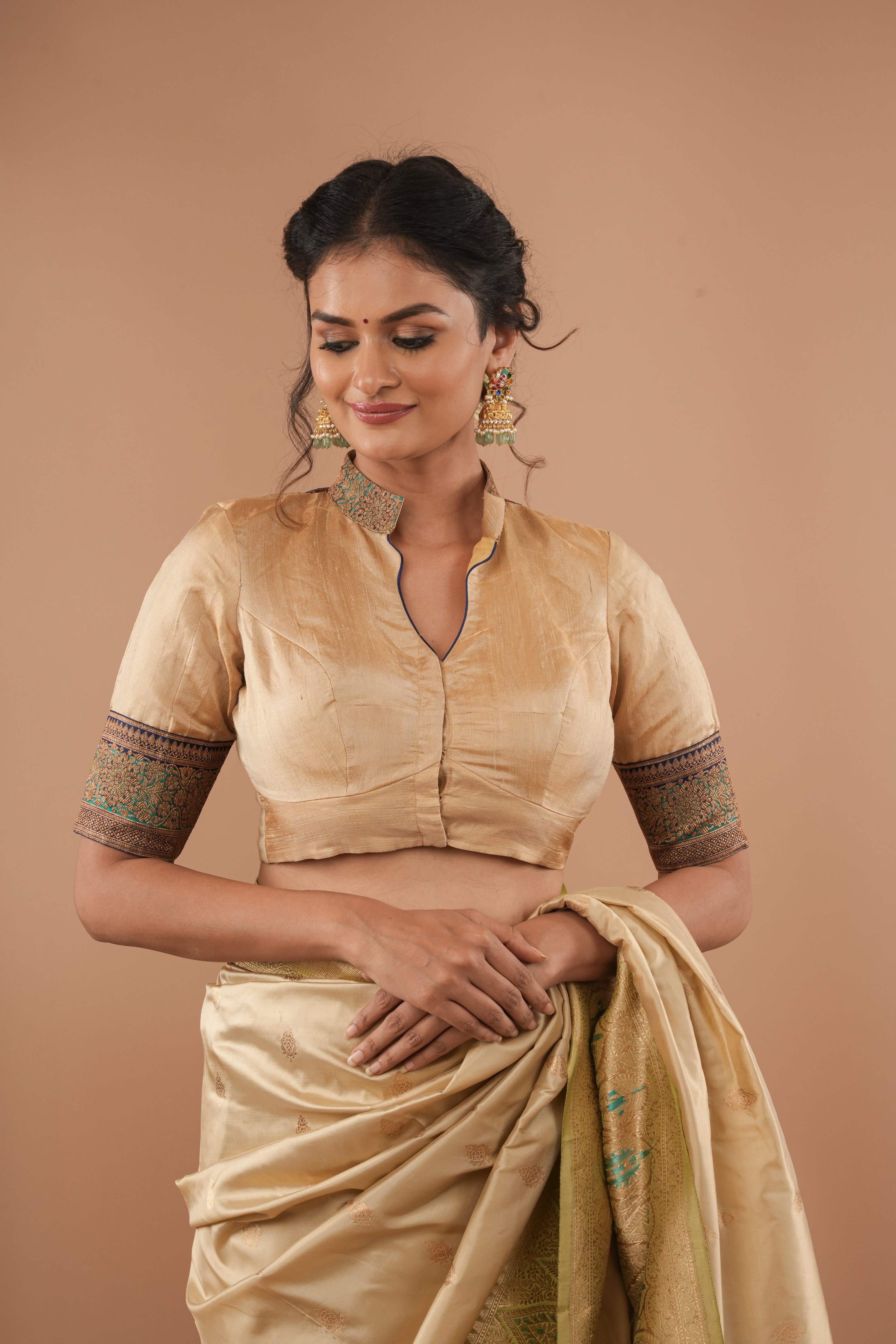 BLOUSE : Sandalwood Pure Tissue  Raw Silk Blouse with blue green borders antique zari detailing