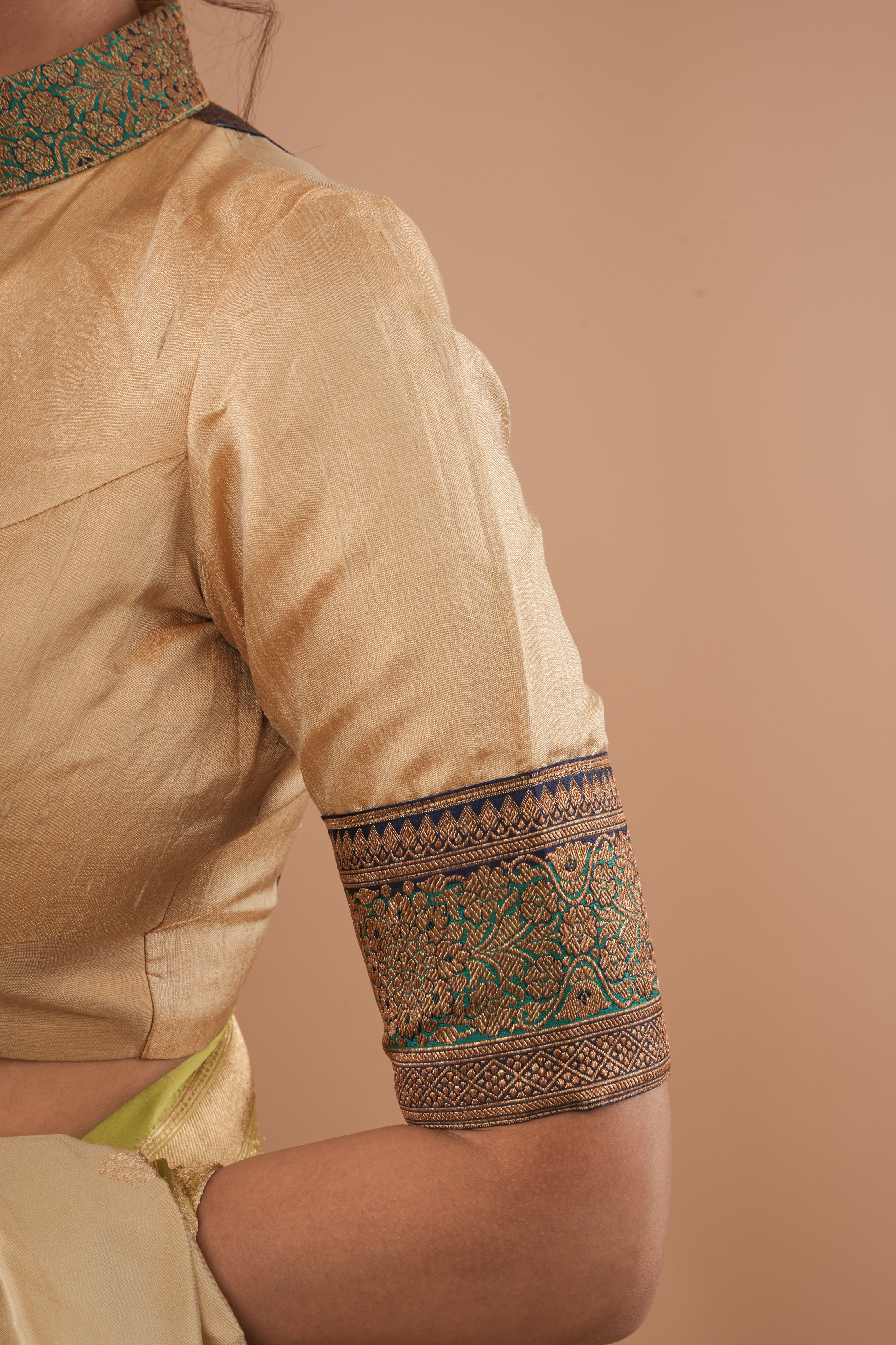 BLOUSE : Sandalwood Pure Tissue  Raw Silk Blouse with blue green borders antique zari detailing