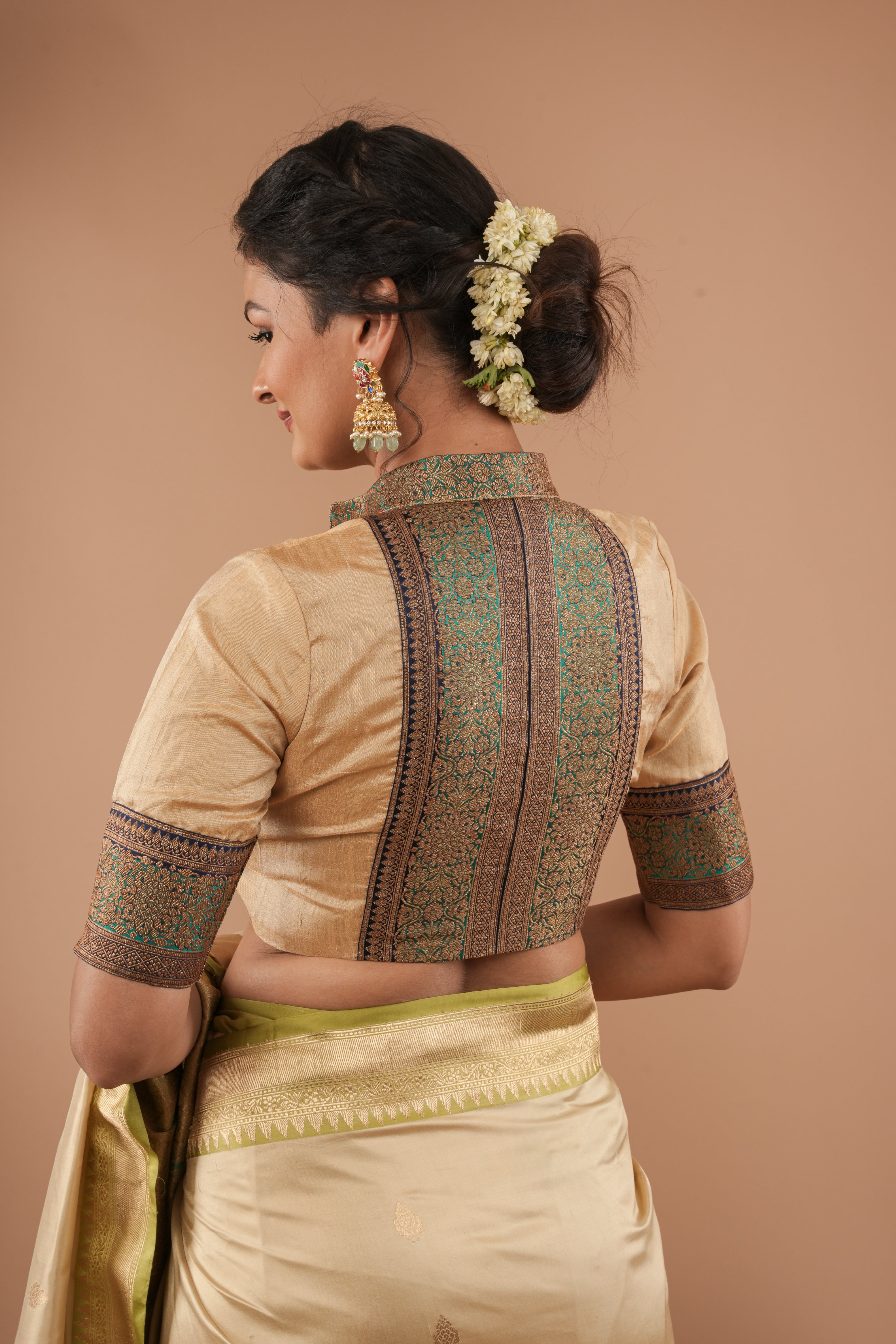 BLOUSE : Sandalwood Pure Tissue  Raw Silk Blouse with blue green borders antique zari detailing