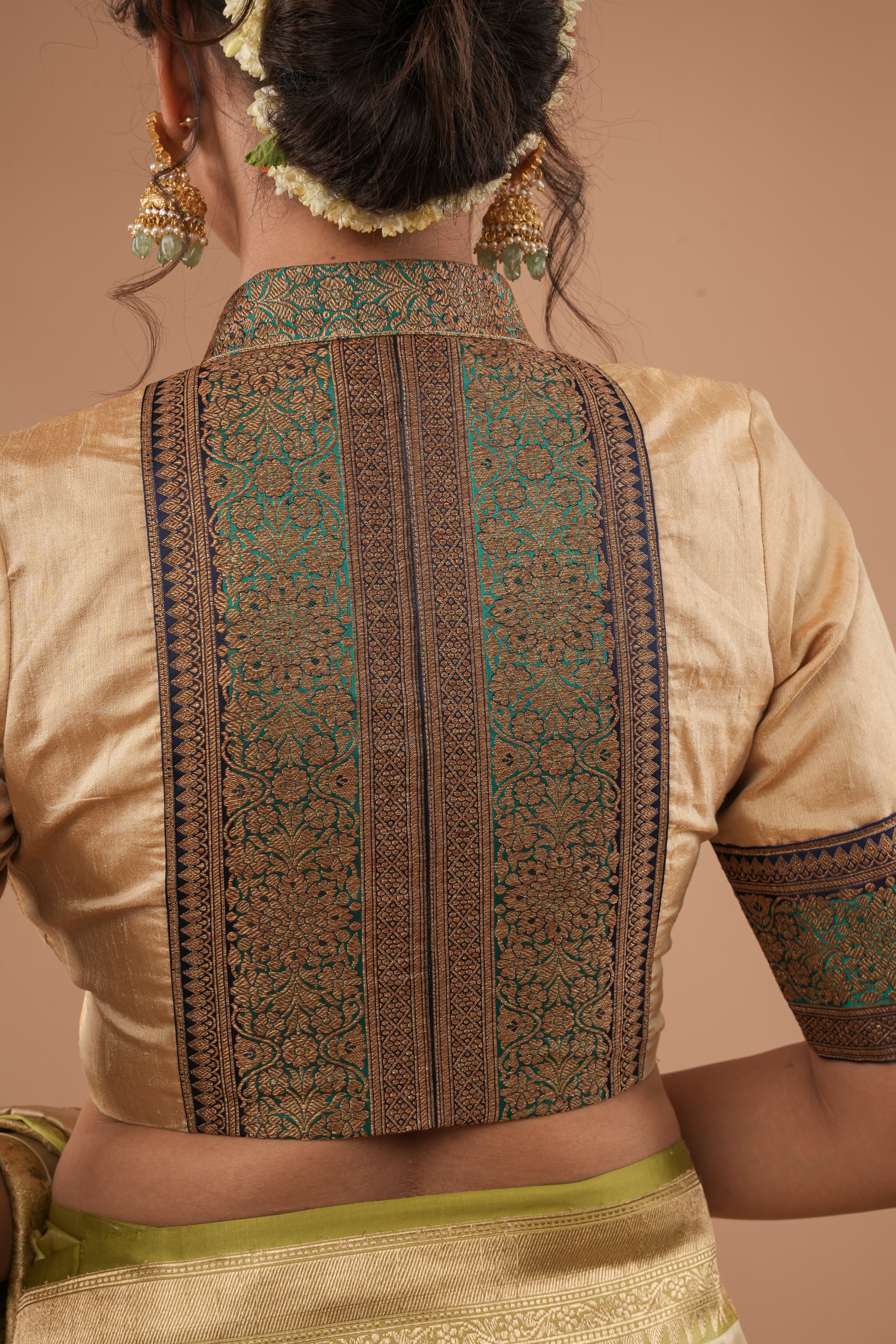 BLOUSE : Sandalwood Pure Tissue  Raw Silk Blouse with blue green borders antique zari detailing