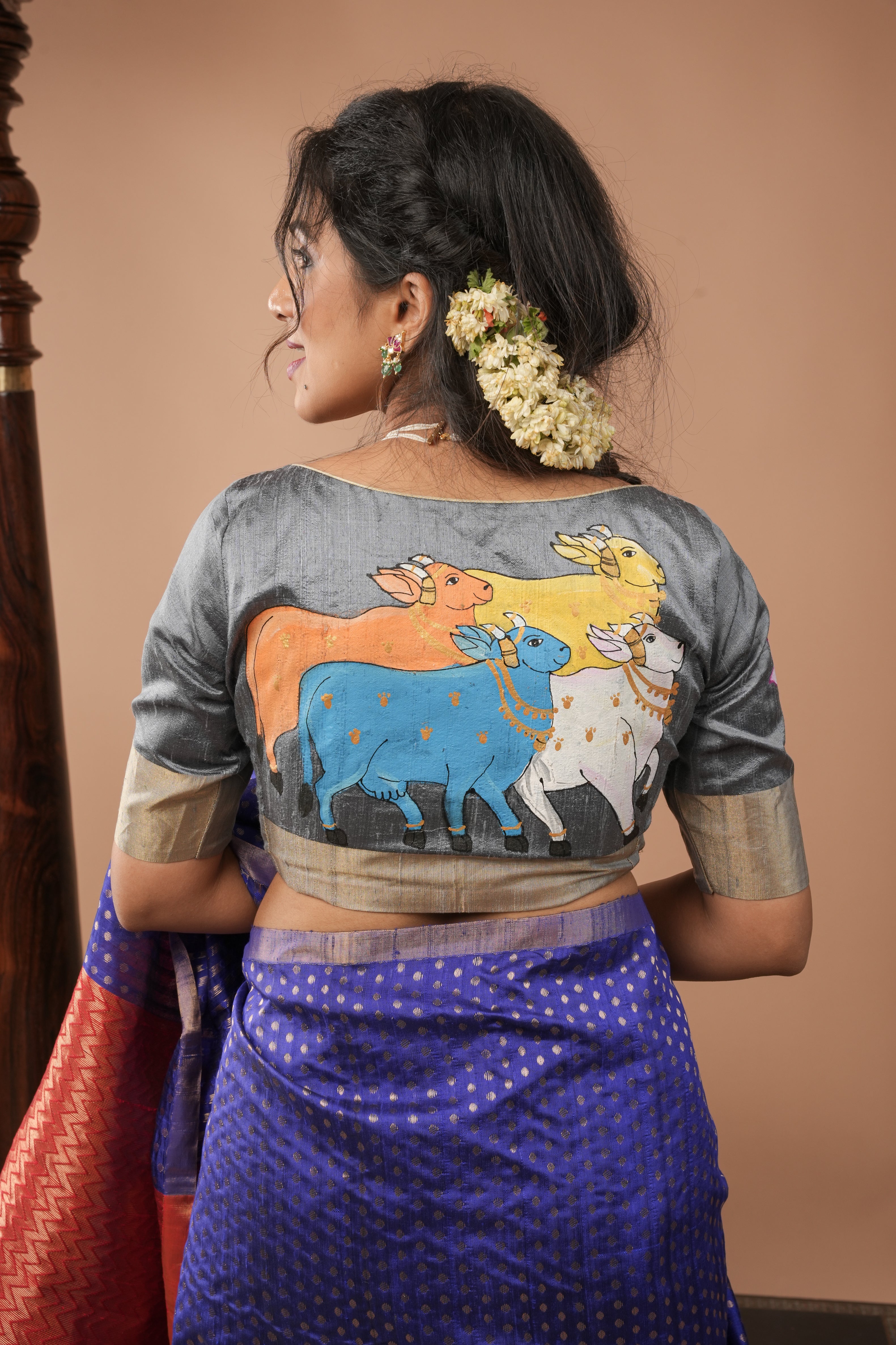 Pure raw silk blouse in Gray with Pichwai Cow Handpainting and zari borders