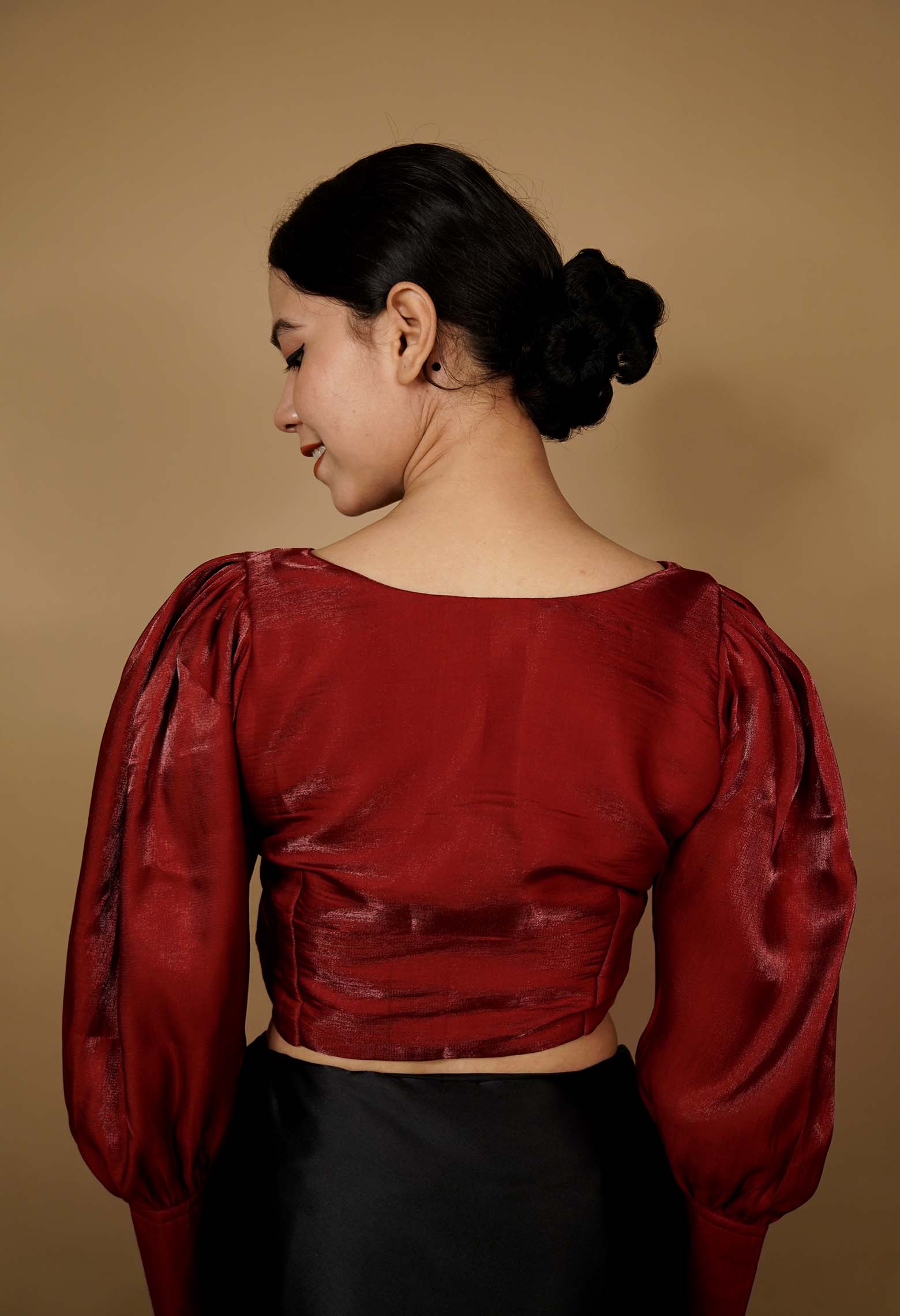 Maroon Full Puff Sleeves With cuffs &  Princess cut Designer blouse